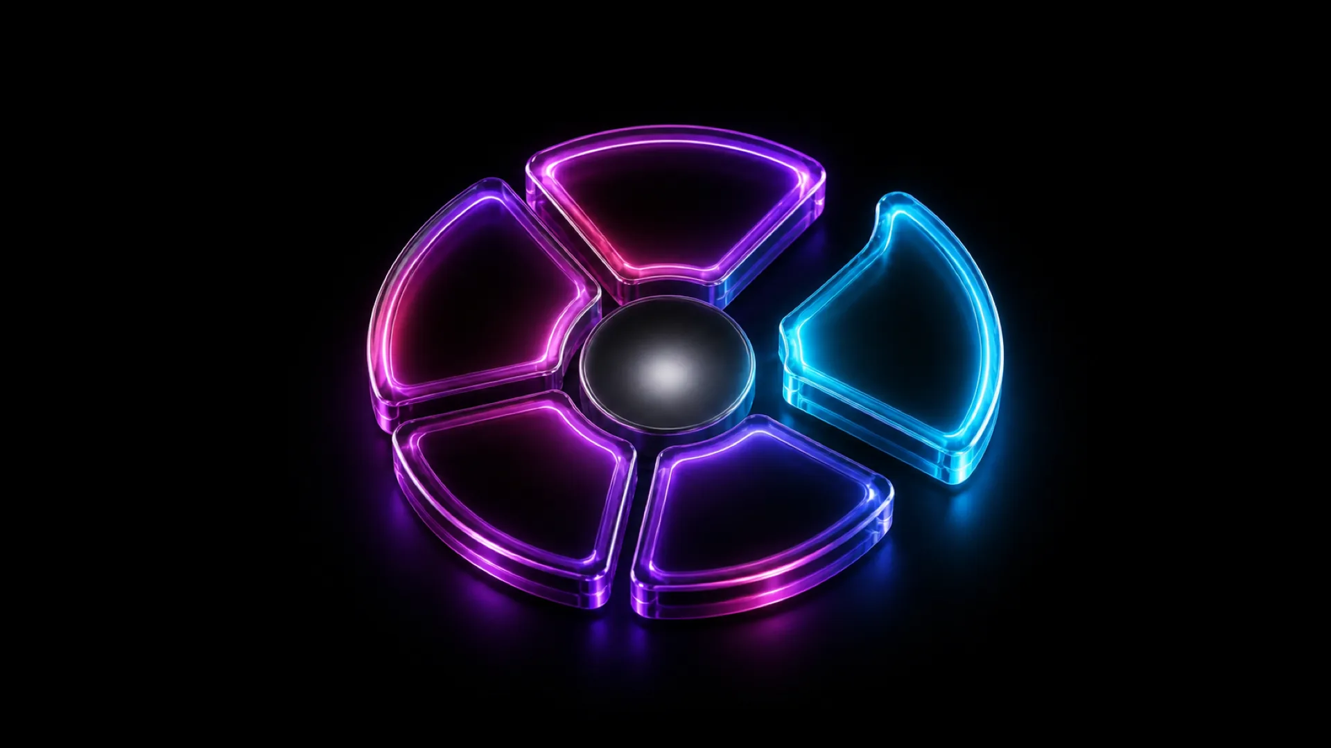 A five-bladed pinwheel with four purple panels and one blue panel converges on a dark central sphere.