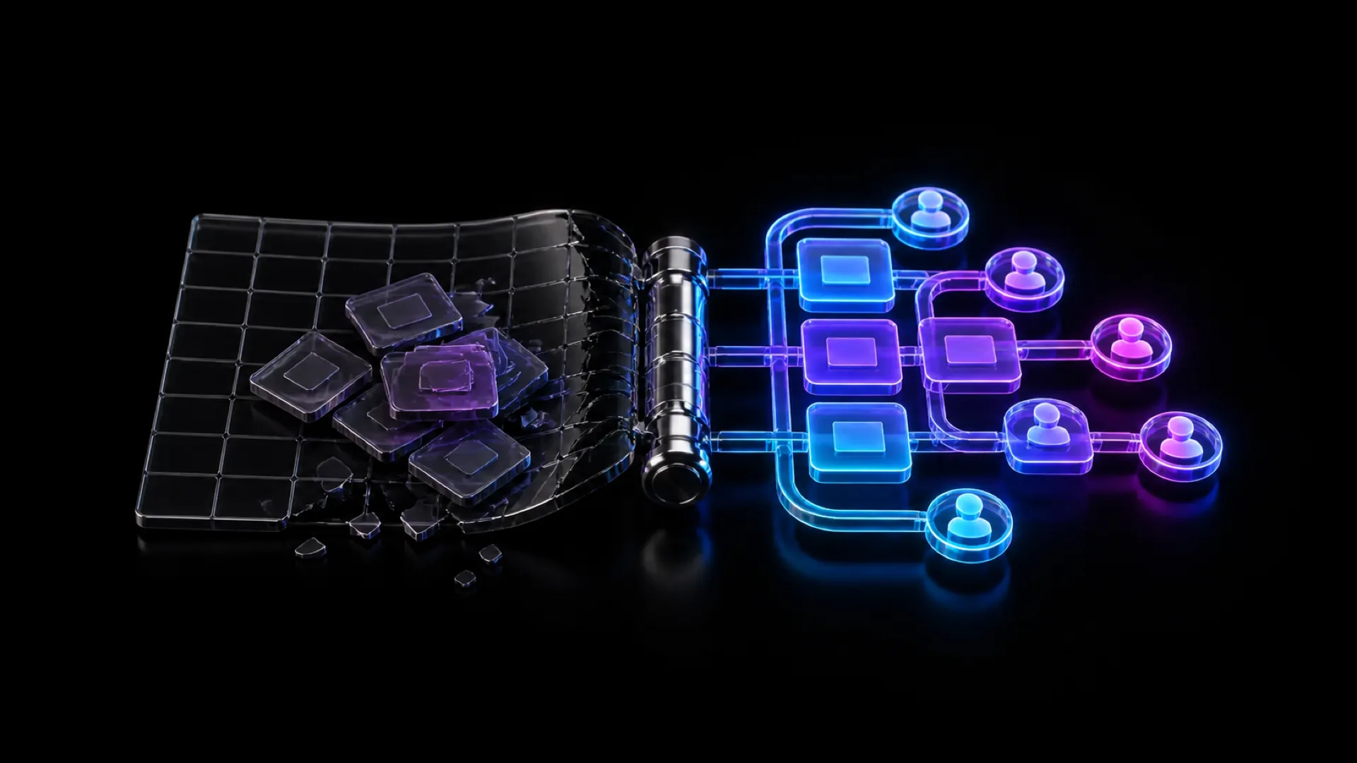A shattered glass grid connects through a chrome cylinder to an organized flowchart linking glowing squares to person icons.