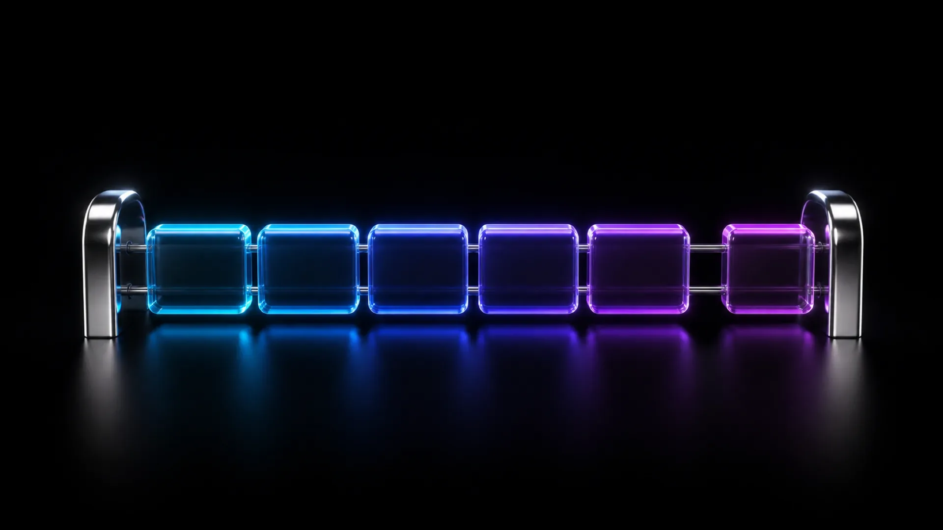 A row of glowing glass tiles on a metal rod shifts color from cyan through blue to purple.