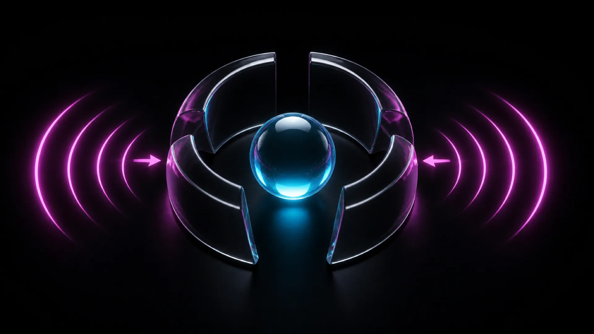 Curved glass petals encircle a glowing blue sphere, flanked by magenta arcs with arrows pointing inward from both sides.