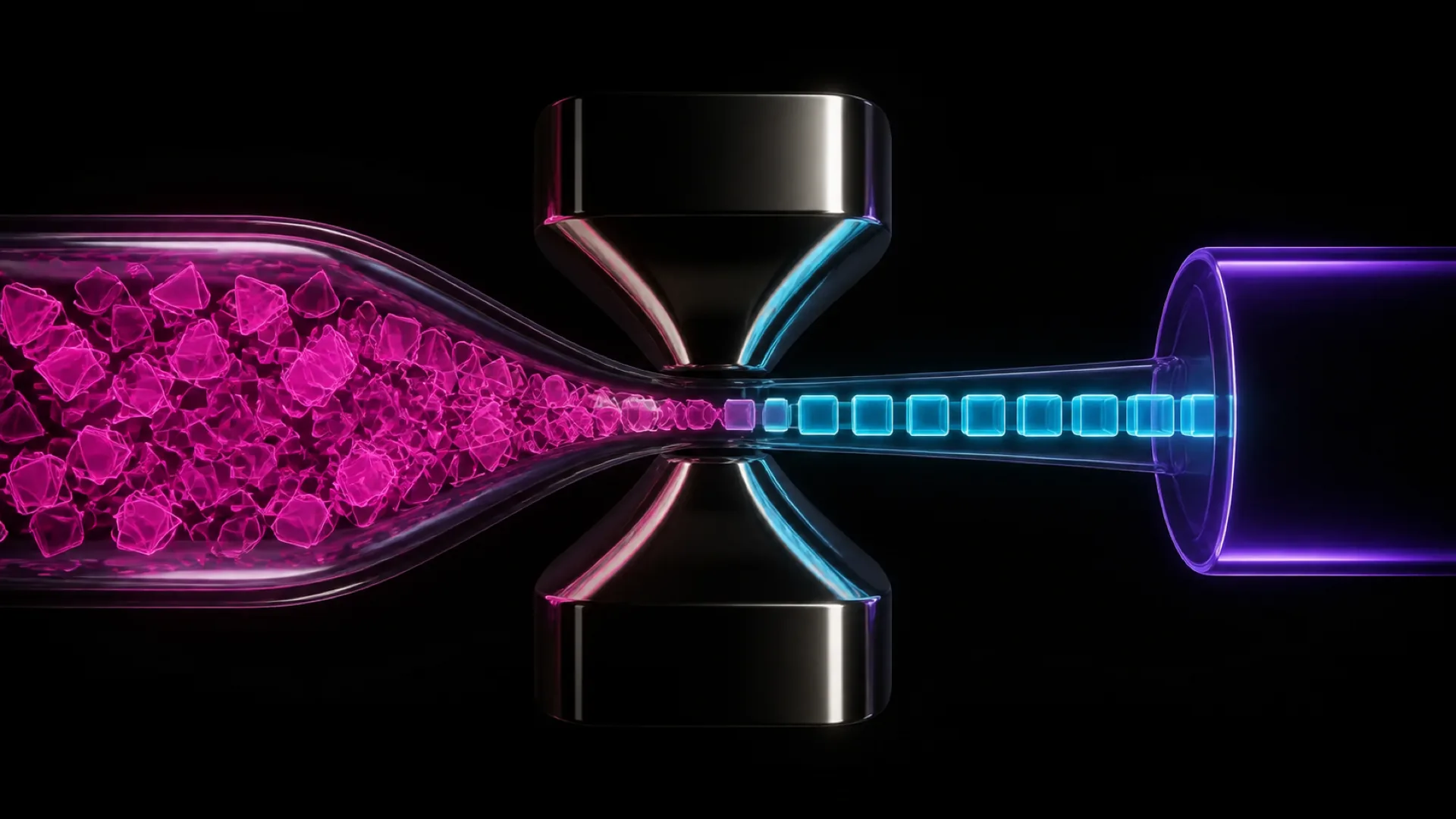 Pink crystal shards funnel through a metallic hourglass shape and emerge as a row of small glowing blue cubes.