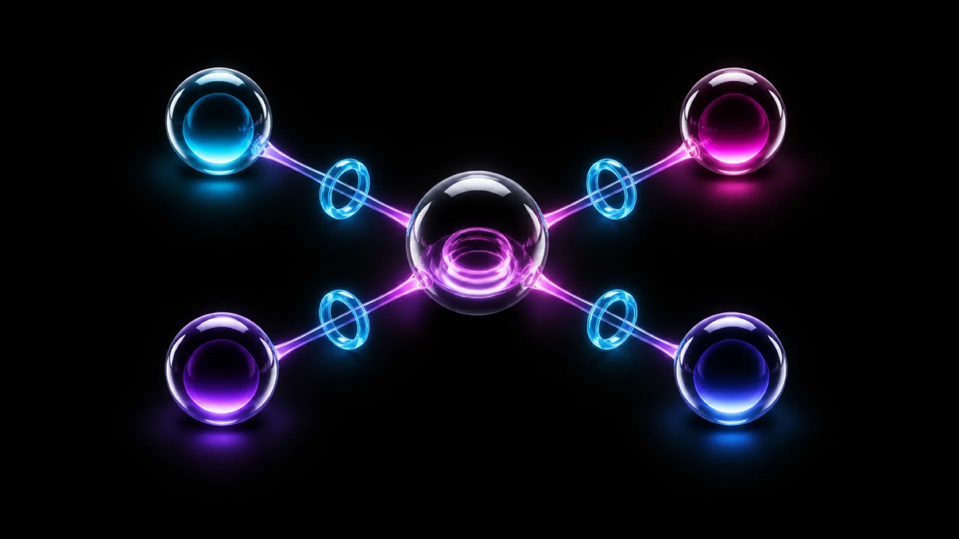 Four glass spheres in blue and purple connect to a larger central sphere through blue ring-shaped light beams.