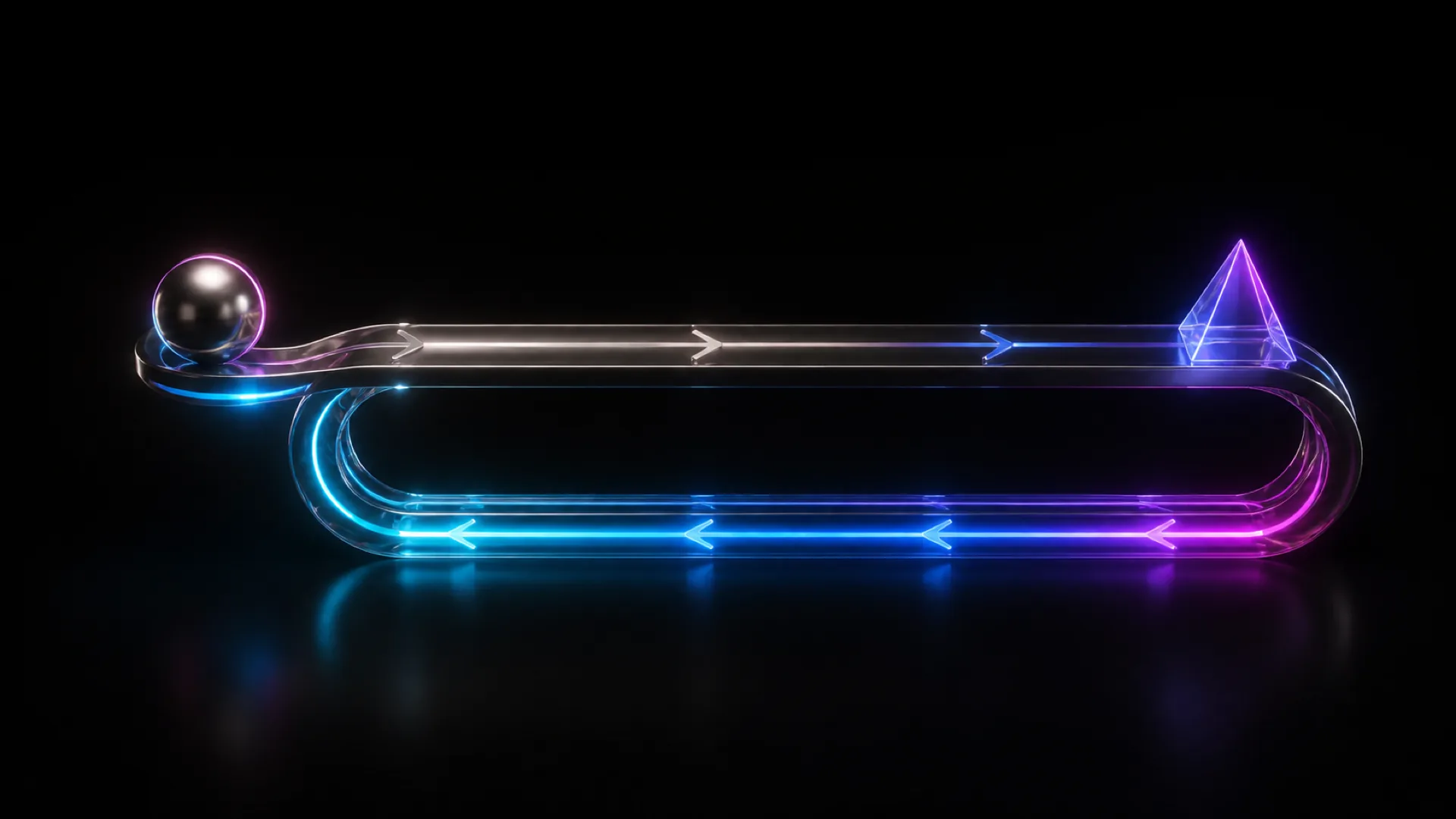 An oval glass racetrack with glowing arrows links a metallic sphere at left to a purple pyramid at right.