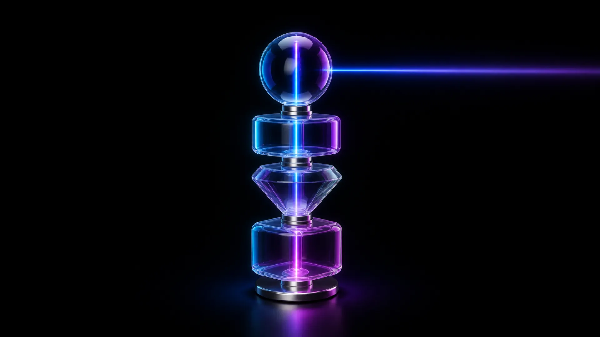 A vertical stack of glowing glass shapes, a sphere, a cube, a diamond, and a cube, emits a blue beam.