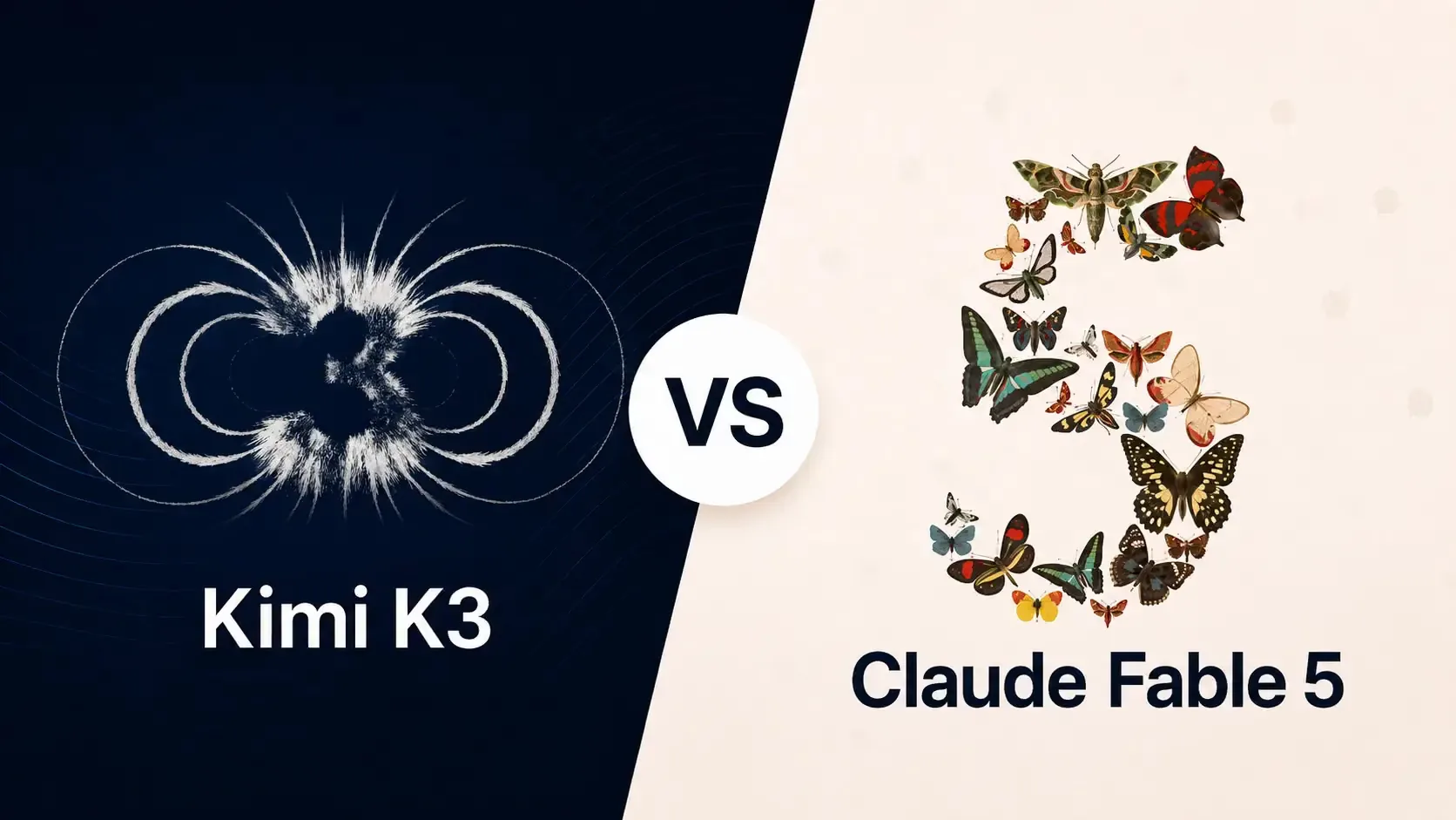 A split comparison panel. On the dark navy left, white looping filaments above "Kimi K3". On the cream right, a numeral 5 built from butterflies and moths above "Claude Fable 5", with "VS" in a white circle between them.