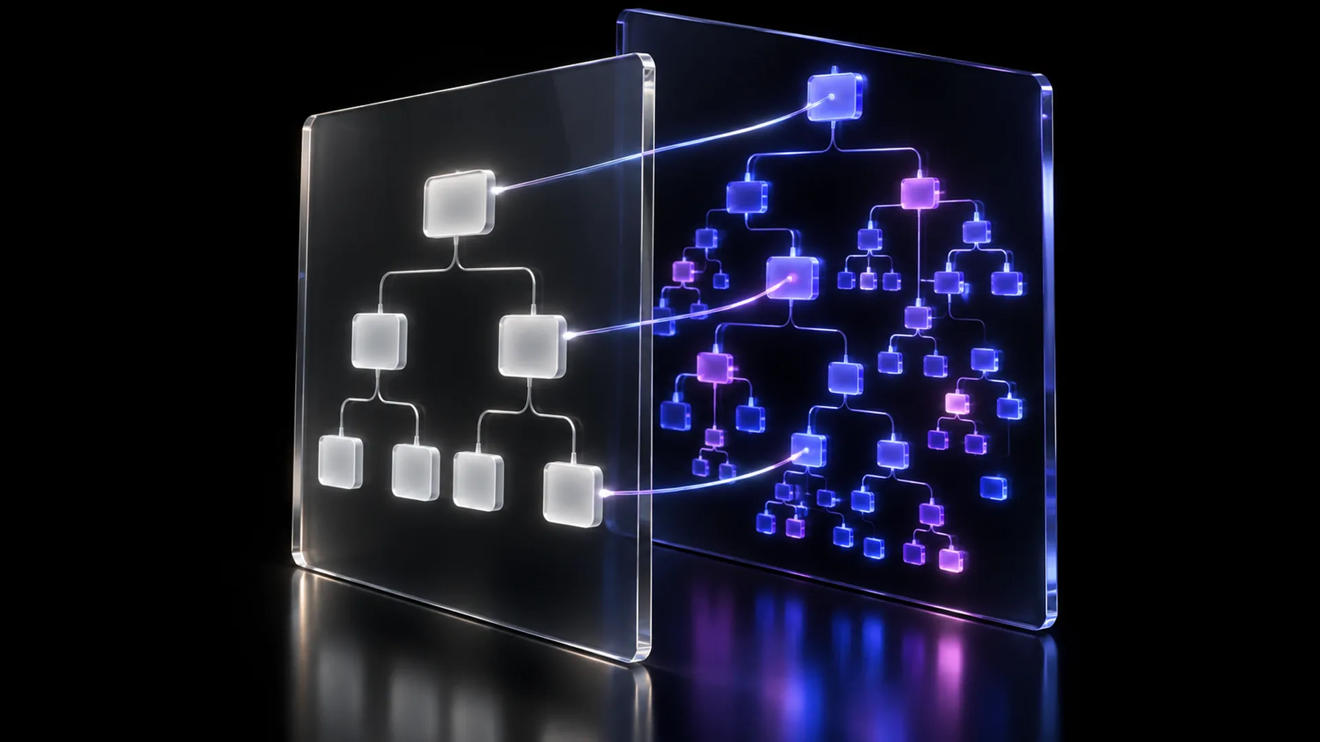 Two glass panels, one holding a small white tree of seven boxes, the other a dense blue and purple network, linked by glowing threads.