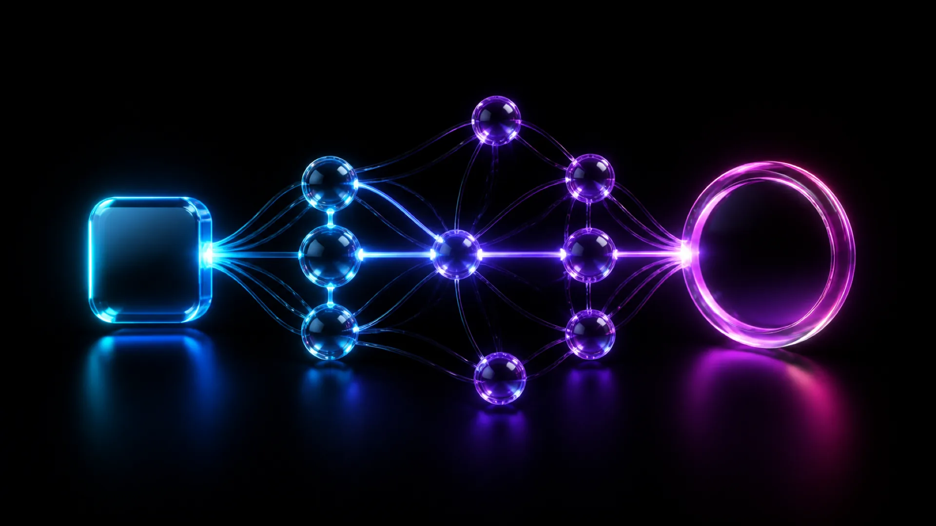 A glowing diagram shows a blue square node branching through clusters of small spheres into a single large pink ring.