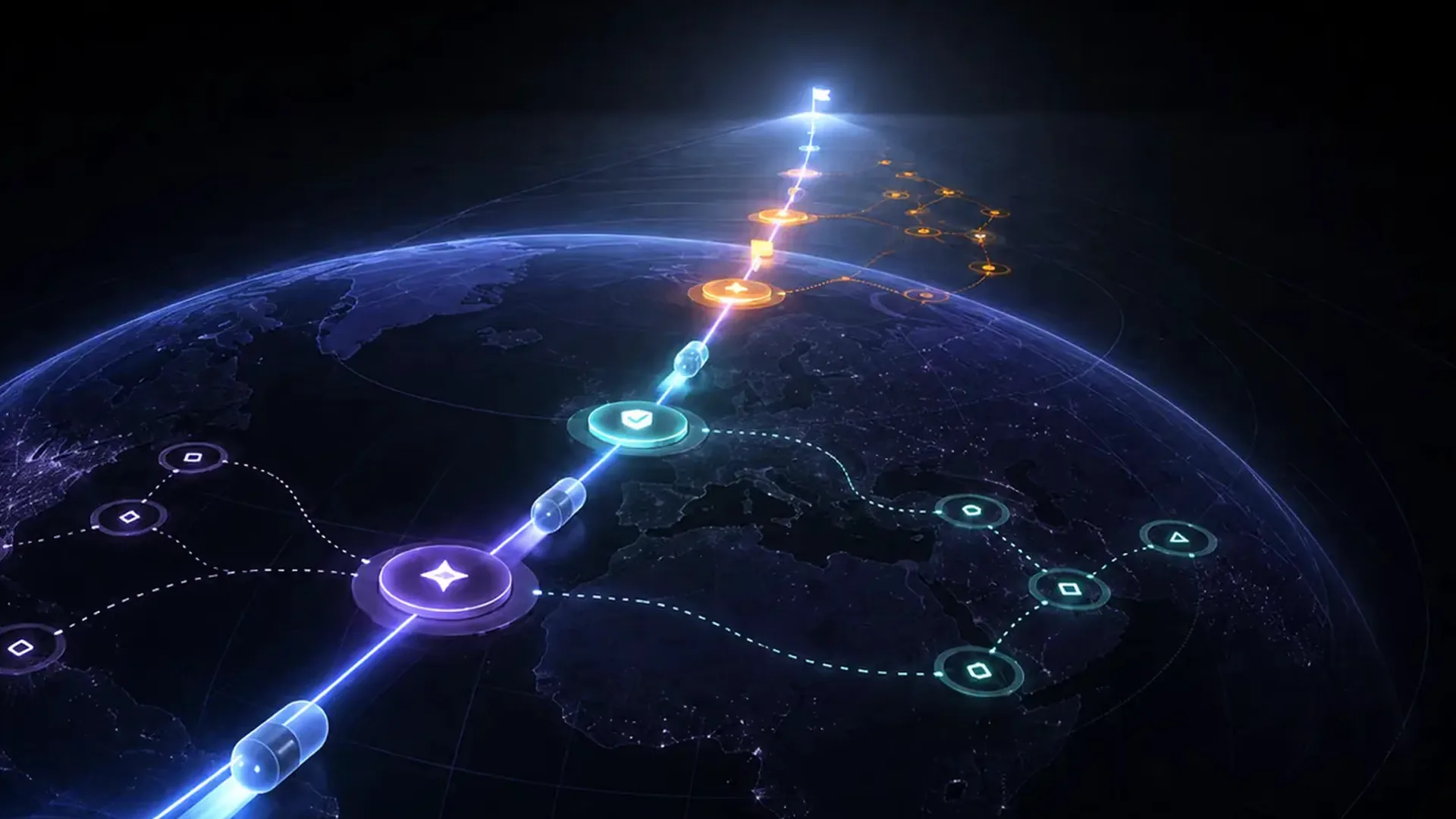 Earth seen from space at night, dark blue and lit with city lights, crossed by a glowing violet and orange path of circular waypoint nodes that climbs toward a small white flag, with dashed side branches.