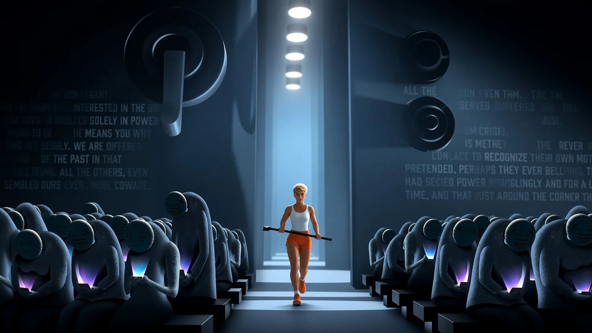 Rows of identical grey smiley faced figures hunch over glowing phones as a woman in a white tank top and orange shorts runs down a lit aisle with a sledgehammer. Dim wall text includes the words "SOLELY IN POWER".