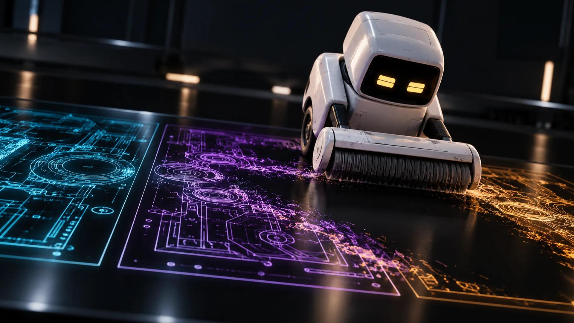 A white robot with glowing yellow eyes and a brush roller sweeps across a glossy black floor, smudging glowing cyan, purple and orange blueprints in a dark room.
