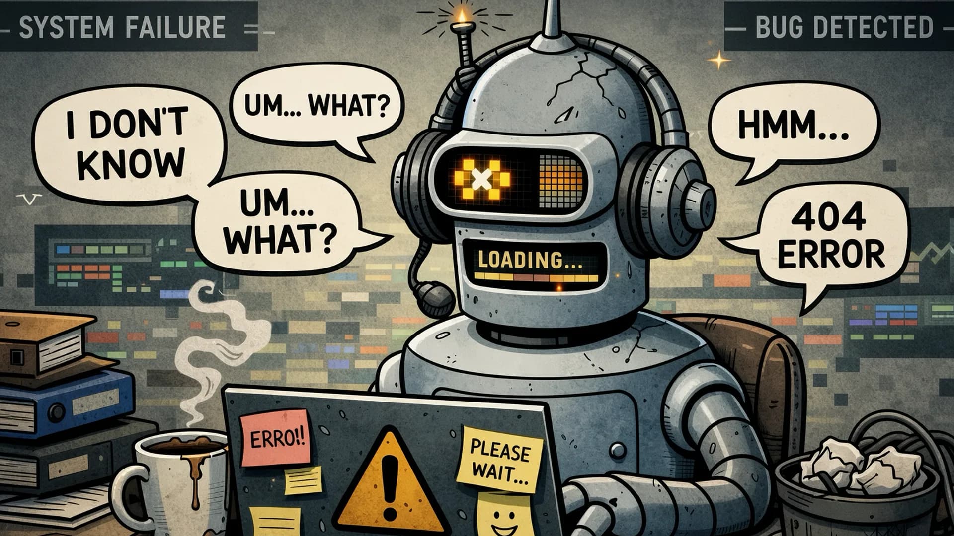 Cartoon robot at a laptop with a cracked head and a chest panel reading "LOADING...", ringed by speech bubbles saying "I DON'T KNOW", "UM... WHAT?" and "404 ERROR", under banners "SYSTEM FAILURE" and "BUG DETECTED".
