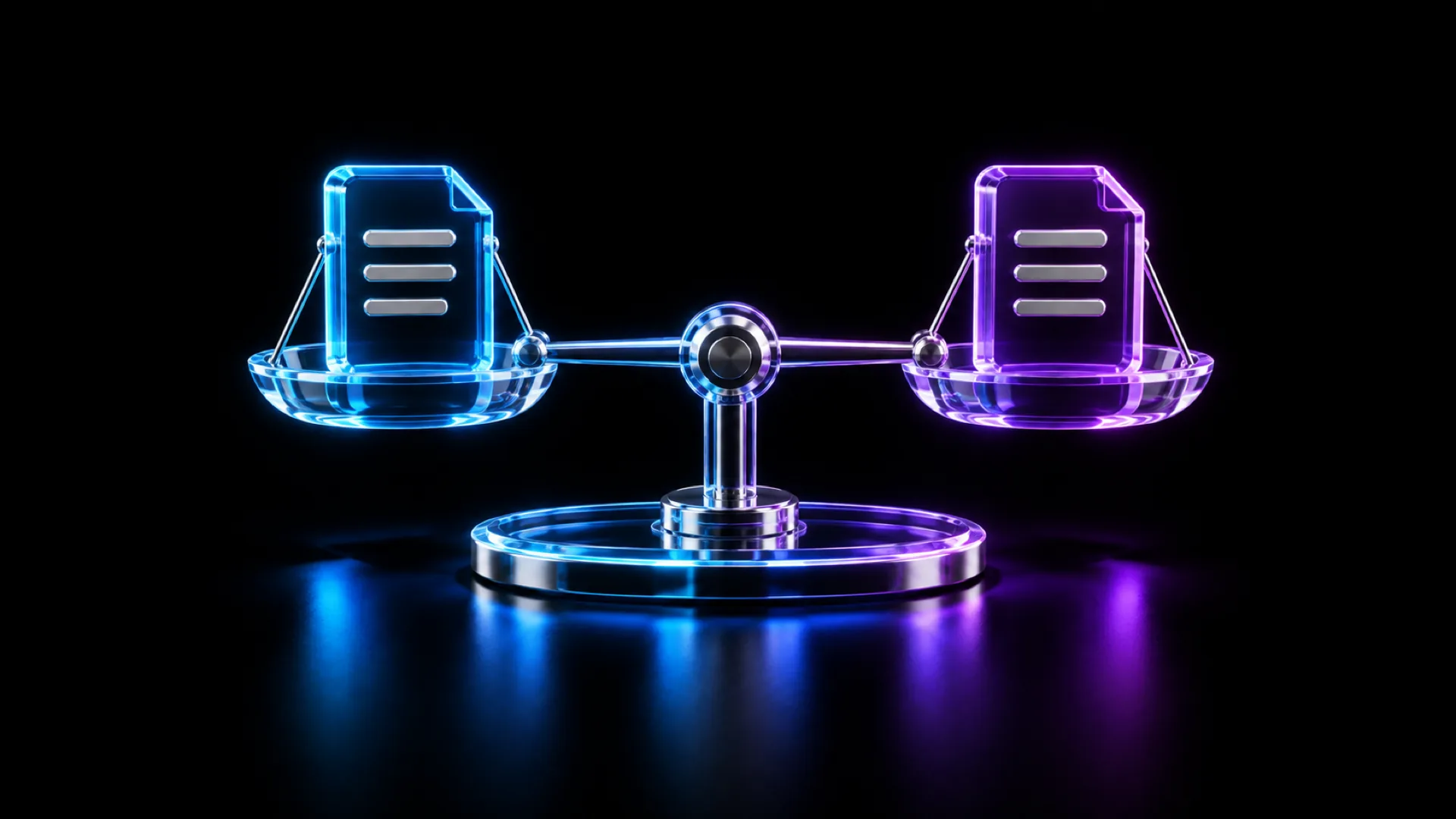 Two glowing glass document cards, one blue and one violet, rest in the pans of a balanced chrome scale on a round base against black.