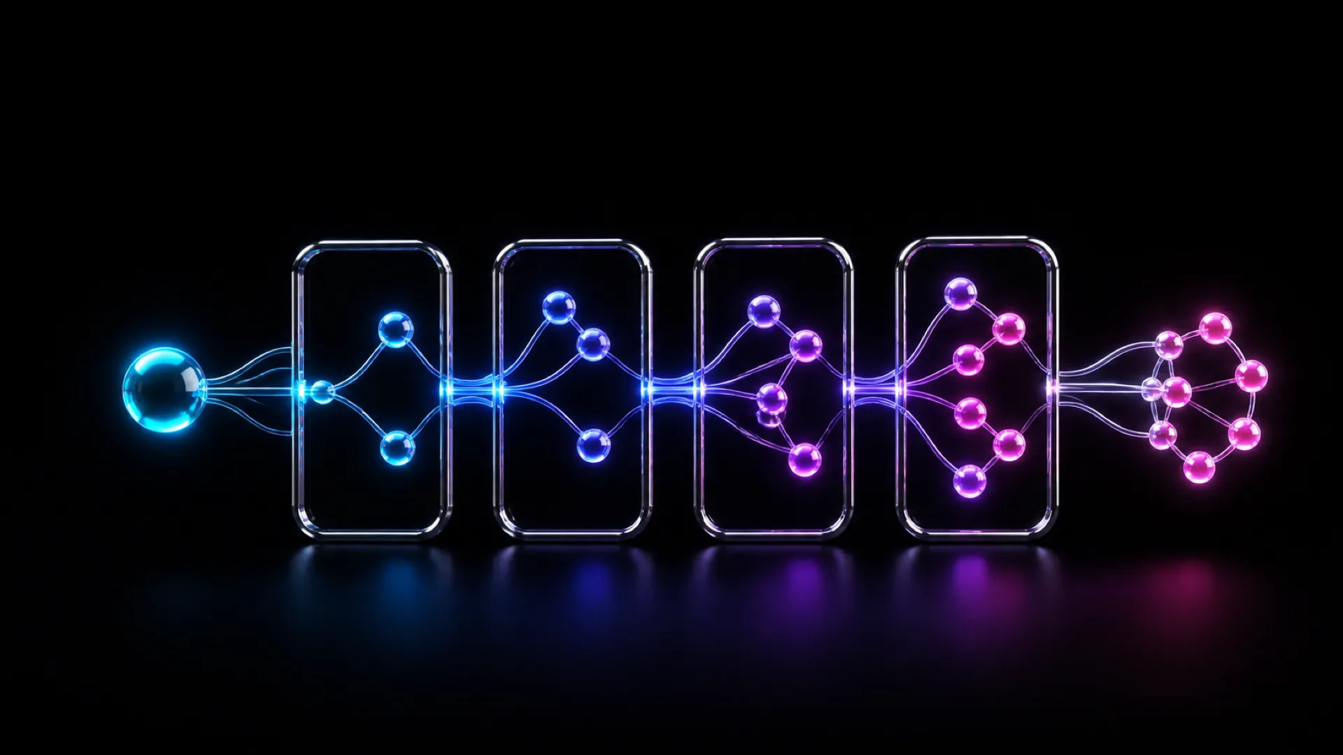 A blue sphere branches through four glass panels of connected nodes into a pink circular cluster.