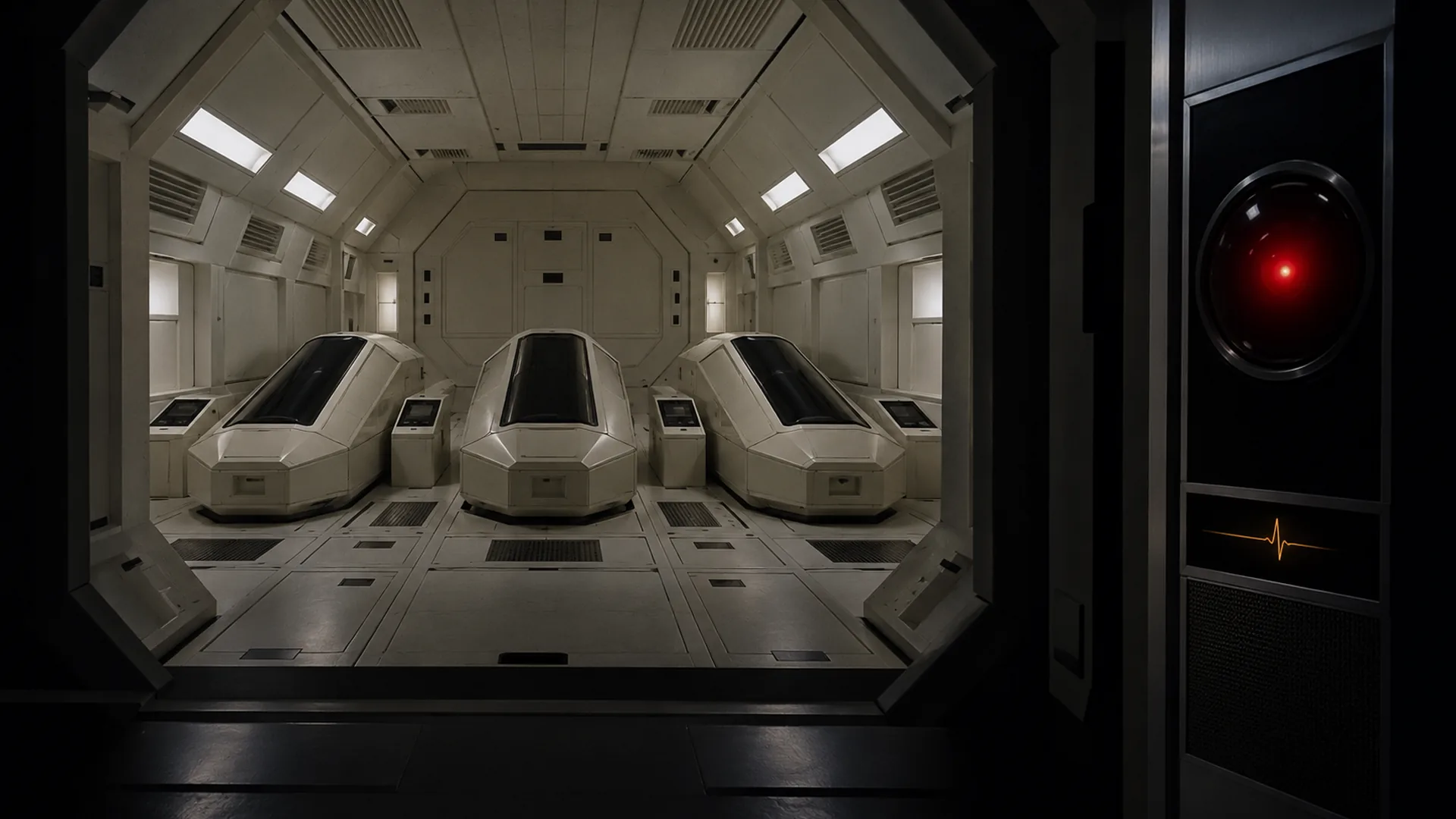 A dim spacecraft chamber holds three white sleeping pods in a row, while a glowing red camera eye with an orange pulse line watches from a dark panel.