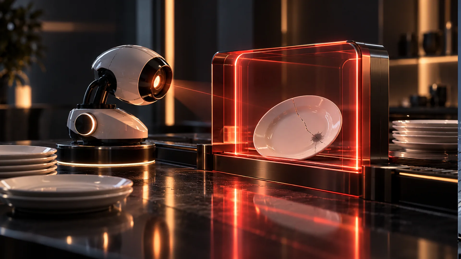 A small white robot with a glowing lens on a black marble counter scans a cracked white plate inside a glowing red glass inspection frame, with stacked plates nearby.