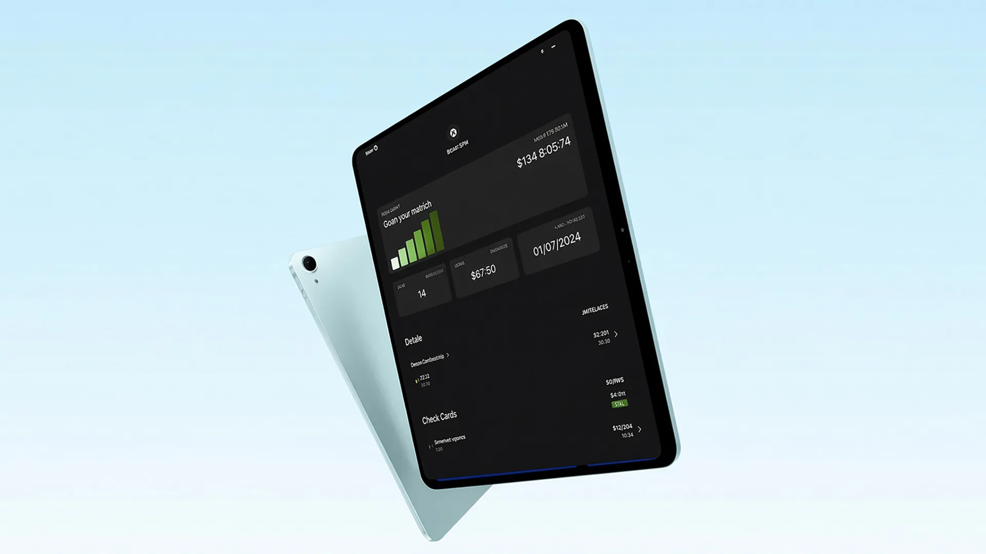A tablet tilted against a pale blue background shows a dark finance dashboard with a green bar chart, dollar figures, the date "01/07/2024" and a "Check Cards" heading, another tablet behind it.
