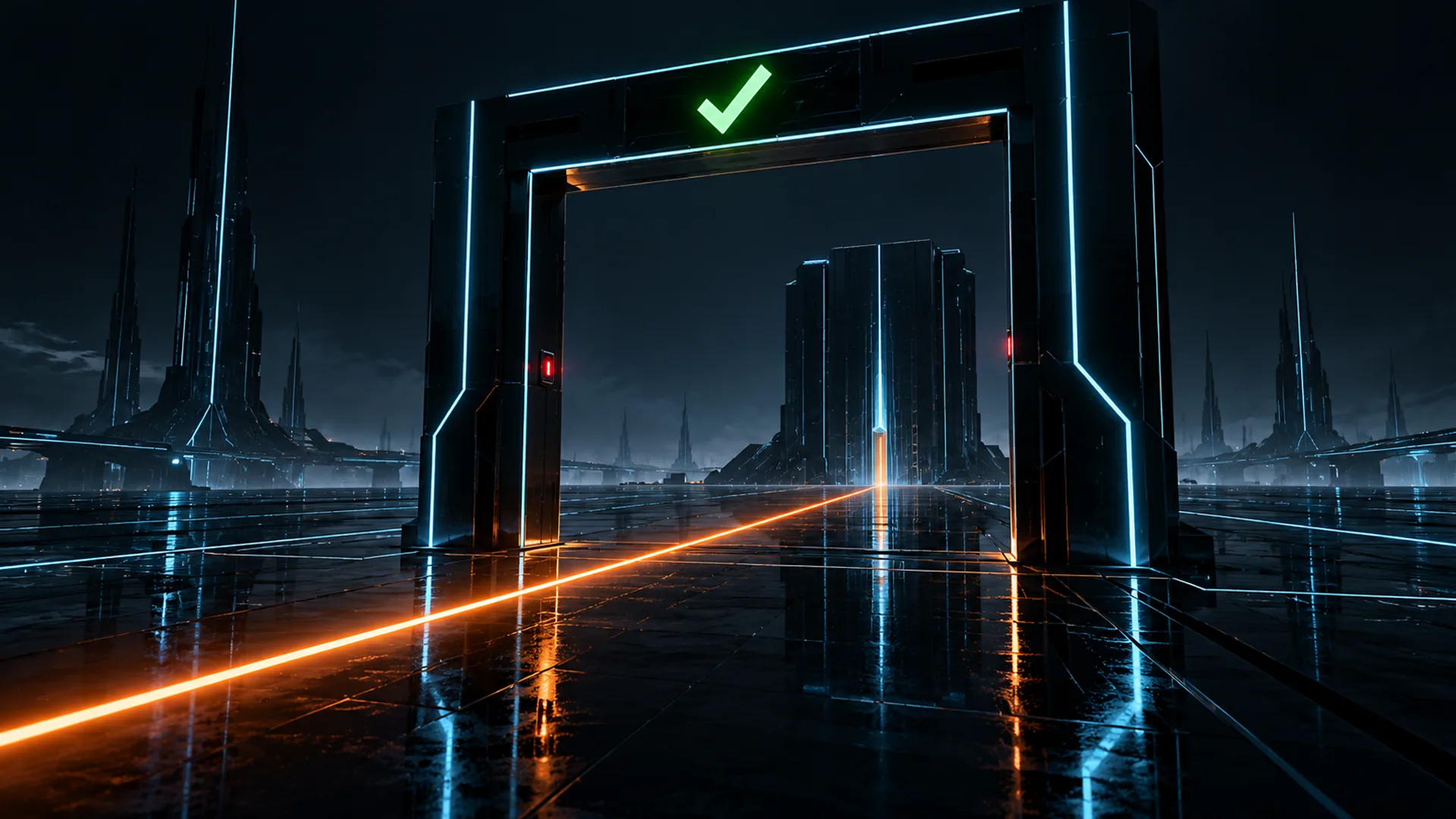 A black gateway edged in cyan light and topped with a green checkmark stands on a wet floor crossed by an orange line, before a dark futuristic city.
