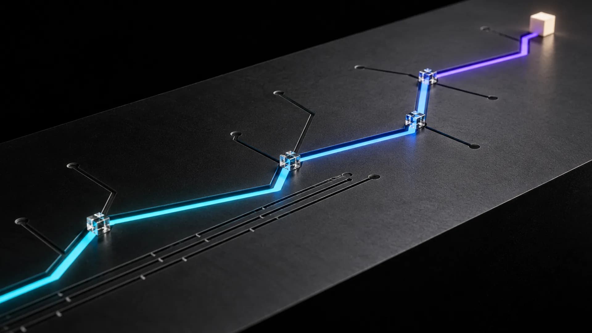 A glowing path across a dark slab bends at small clear cubes, shifting from cyan through blue to violet, and ends at a small pale cream cube.