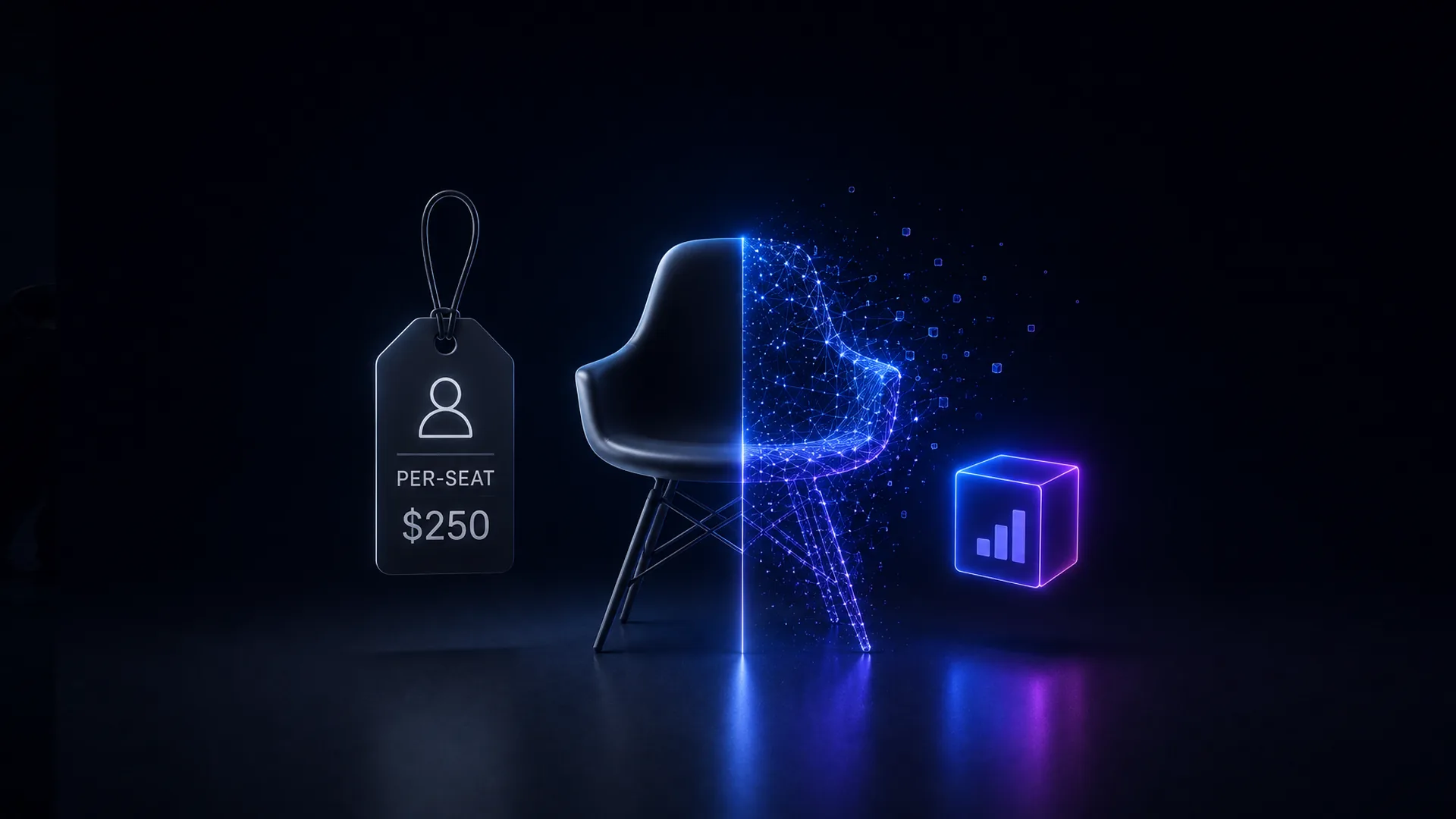 A price tag reading "PER-SEAT $250" above a person icon hangs beside a dark molded chair whose right half dissolves into a blue particle wireframe, next to a small glowing cube with a bar chart icon.