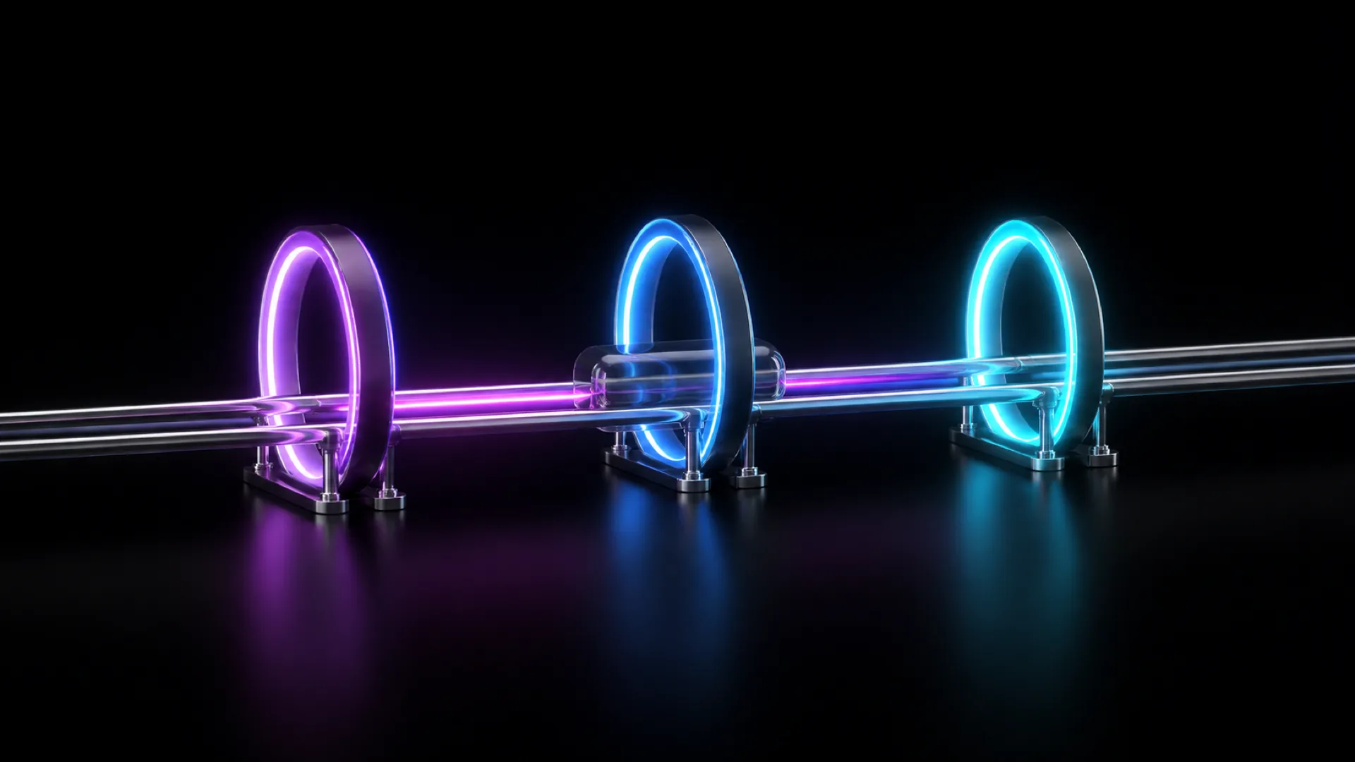 Three vertical neon rings in purple, blue, and cyan stand along a metallic rail above a reflective dark floor.