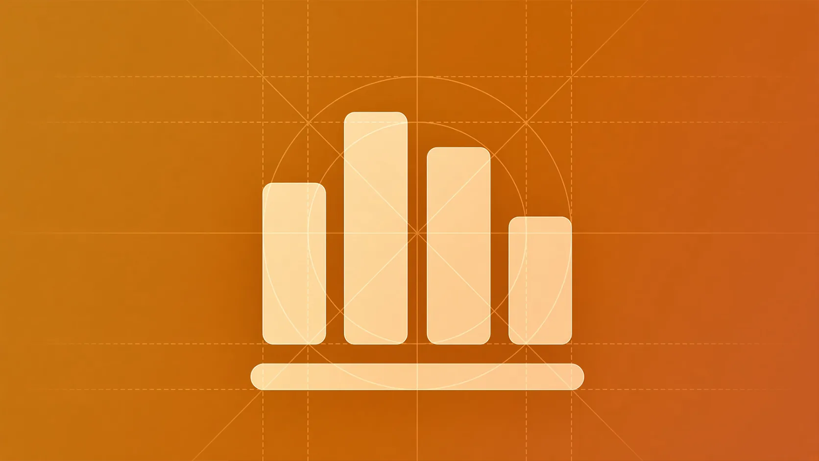 A cream bar chart icon of four rounded bars above a rounded baseline, centered on an orange gradient background marked with faint dashed grid lines and a construction circle.