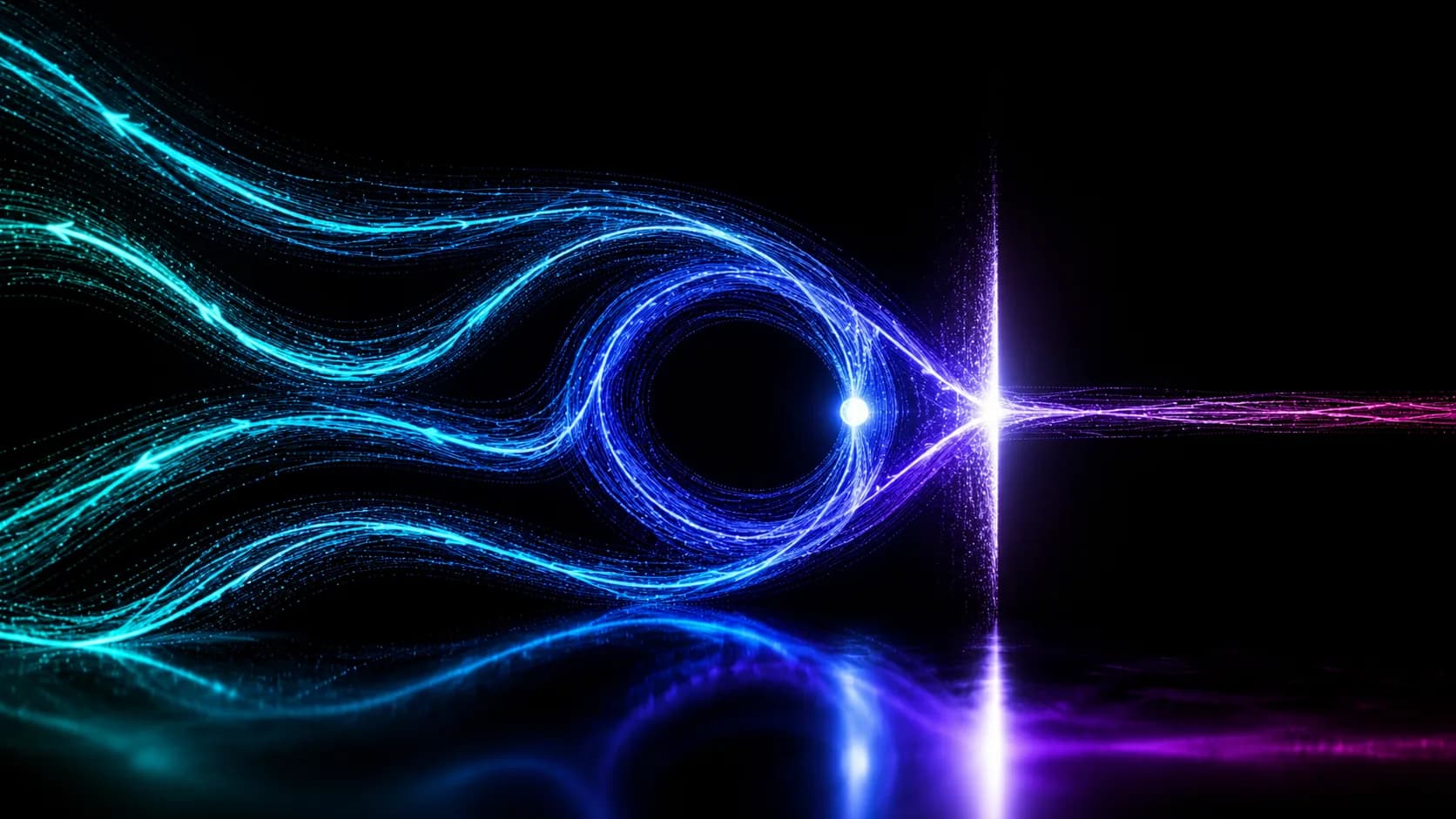 Curved cyan and blue particle trails flow rightward across black, looping through a bright vortex into a vertical white burst, then thinning into magenta strands over a dark reflective floor.