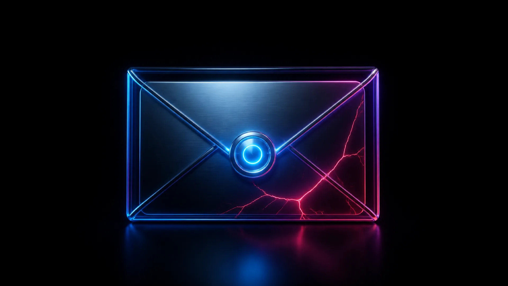 A glass envelope outlined in blue neon glows with a circular seal while red cracks spread across its right side.