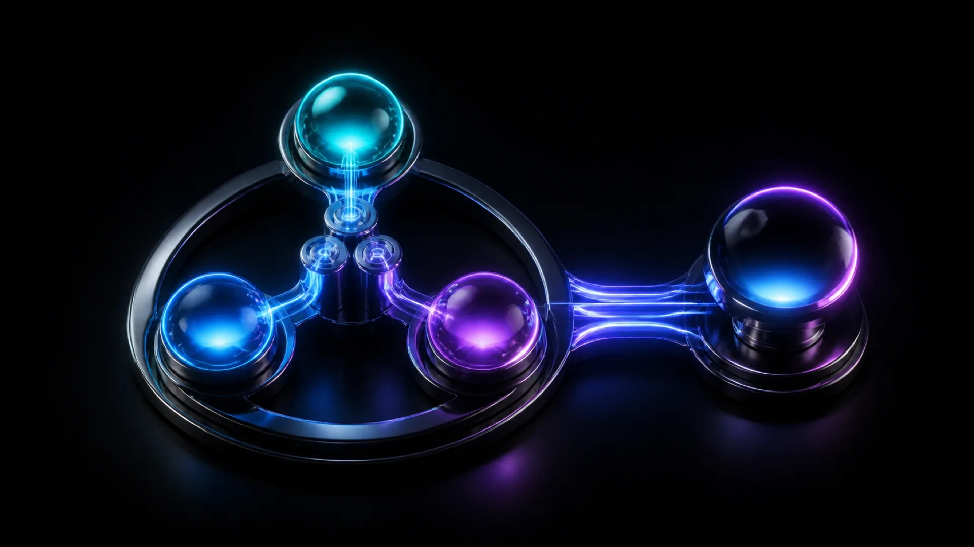 A dark ring holds three glowing orbs in teal, blue, and purple, linked to a larger purple orb.