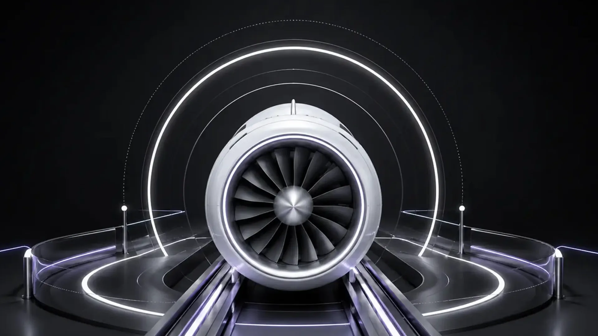 A jet engine seen head on, its silver fan blades and white housing lit by concentric white and violet neon arcs curving over a dark mirrored platform.