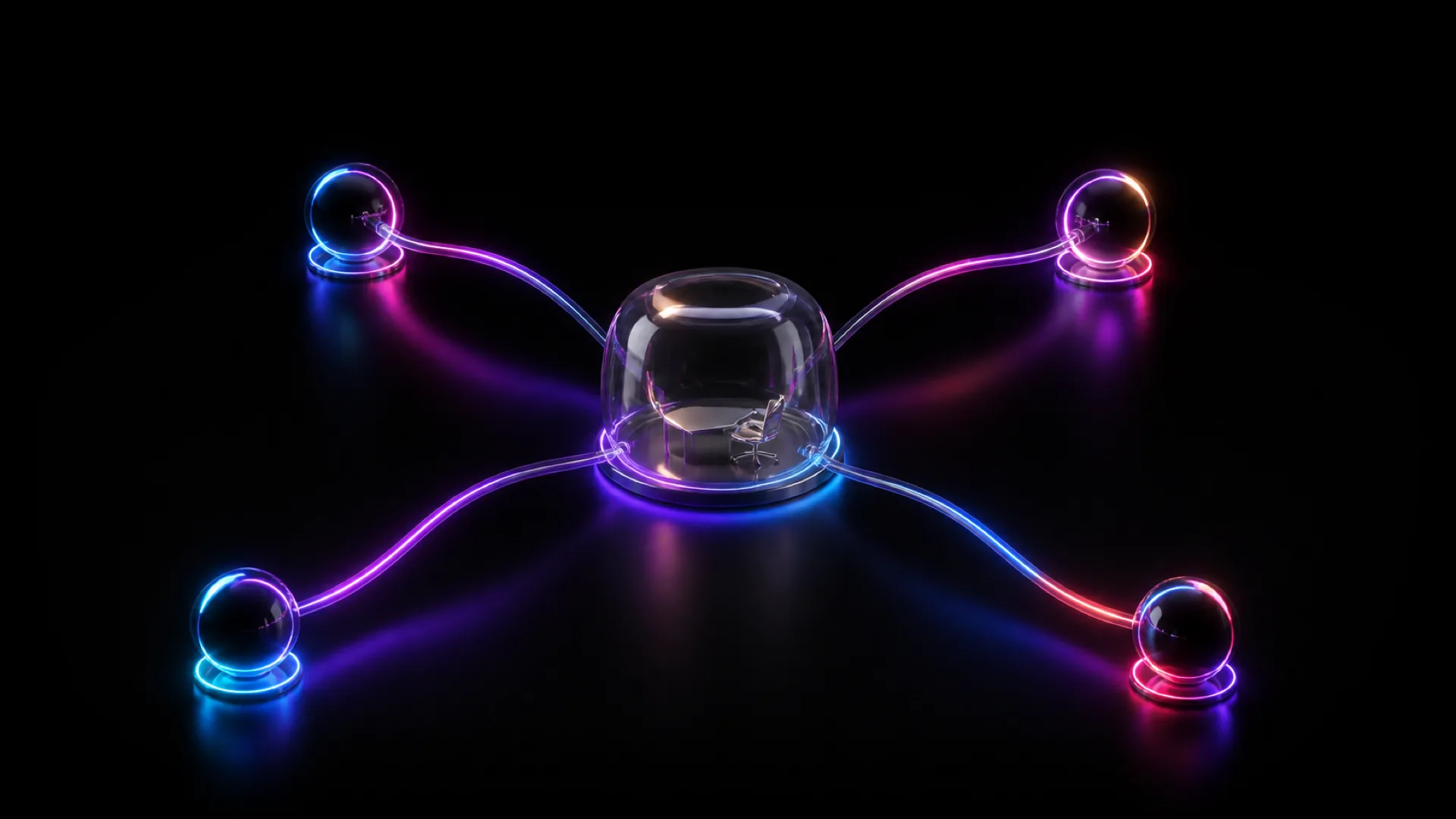 A glass dome holding a tiny desk and office chair connects via glowing tubes to four spheres arranged around it.