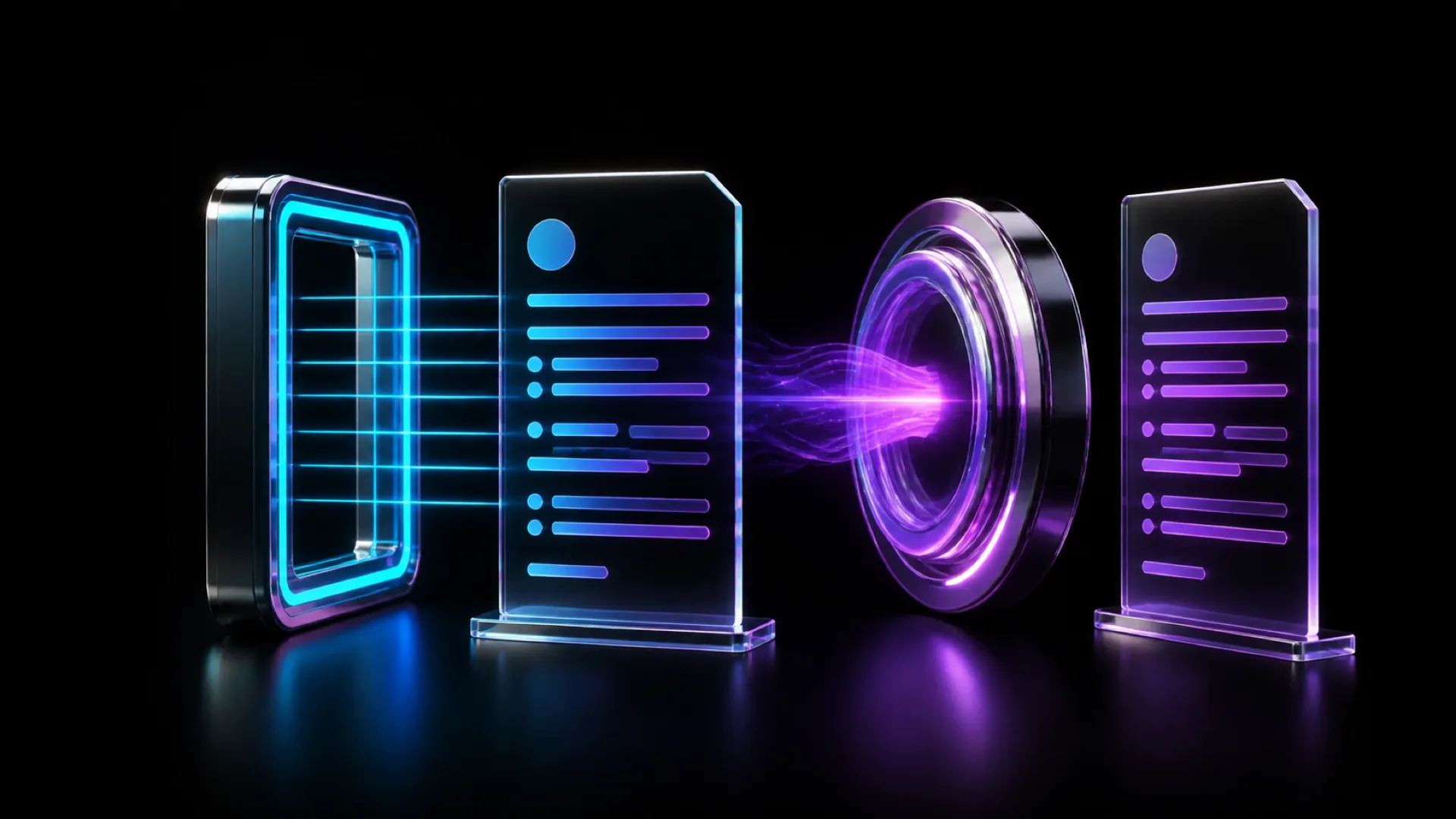 Glass panels with blue and purple document icons flank a glowing purple ring lens, connected by horizontal light beams.