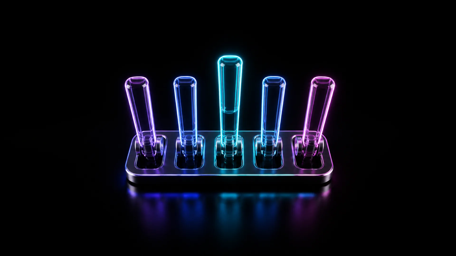 Five glowing glass rods in purple, blue, cyan, and magenta stand upright at angles on a rectangular base.