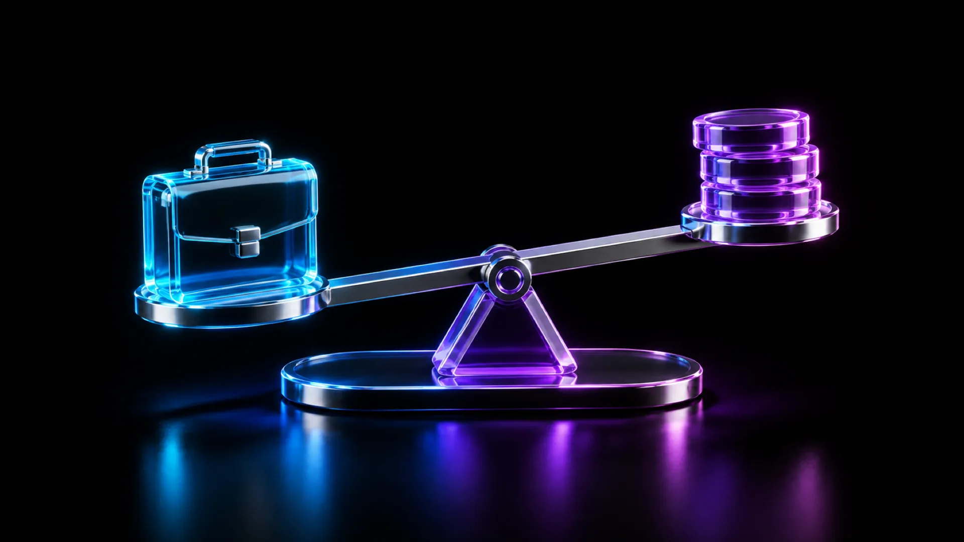 A blue glass briefcase on one end of a tilted chrome seesaw balances against a stack of violet glass discs on the other, over a black reflective floor.