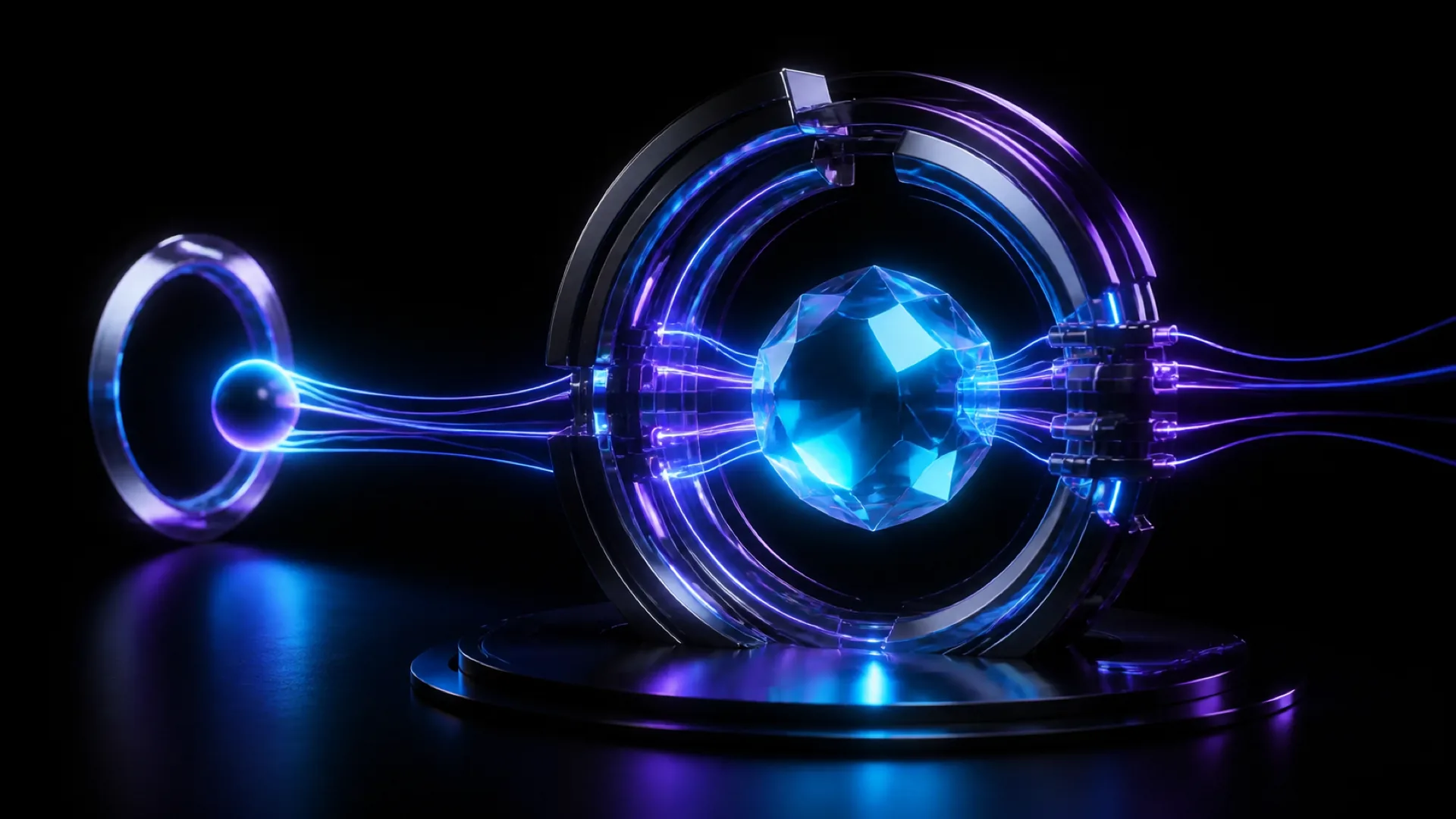 Concentric glass rings surround a glowing blue faceted gem, linked by cables to a smaller orb and connector.