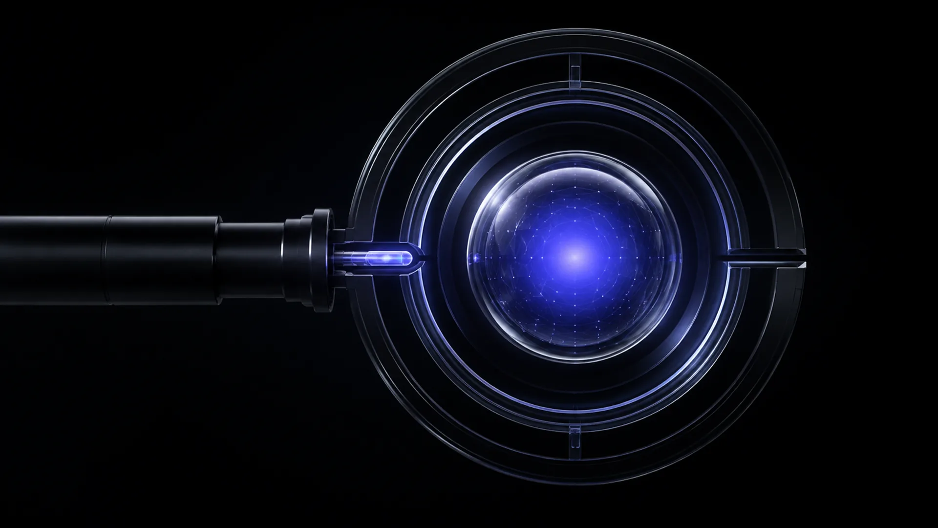 A glowing blue sphere latticed with faint white dots sits inside concentric dark glass rings, a black cylindrical arm connecting from the left.