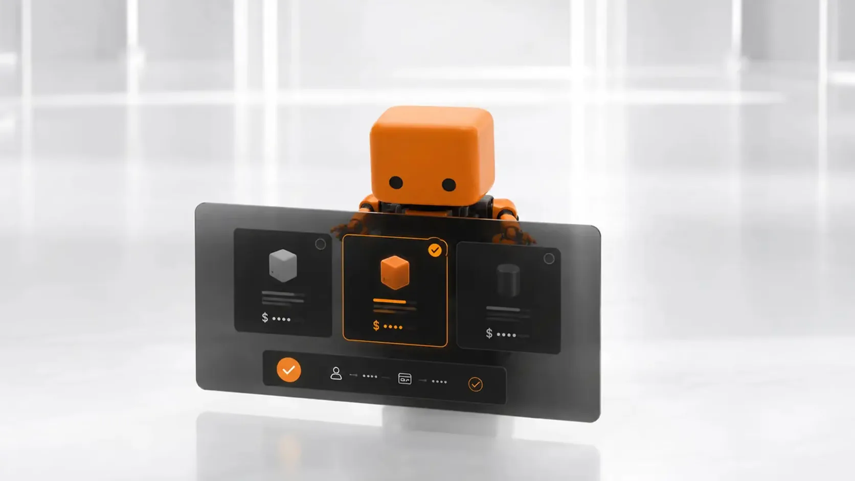 A small orange robot with a boxy head and two dot eyes stands behind a dark floating interface, its middle card outlined in orange and bearing a check mark, prices shown only as "$" followed by dots.