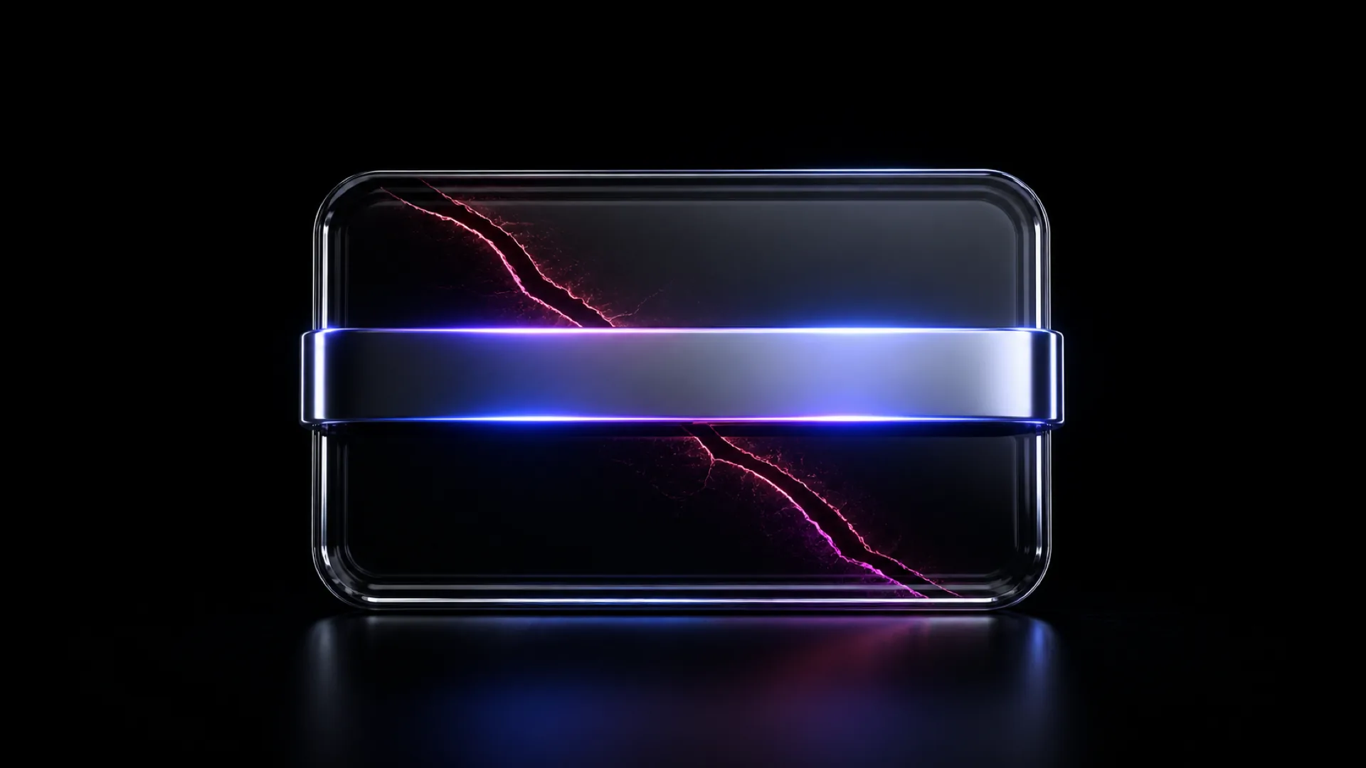 A glass tray split by a glowing chrome bar, with jagged pink cracks through the dark glass above and below.