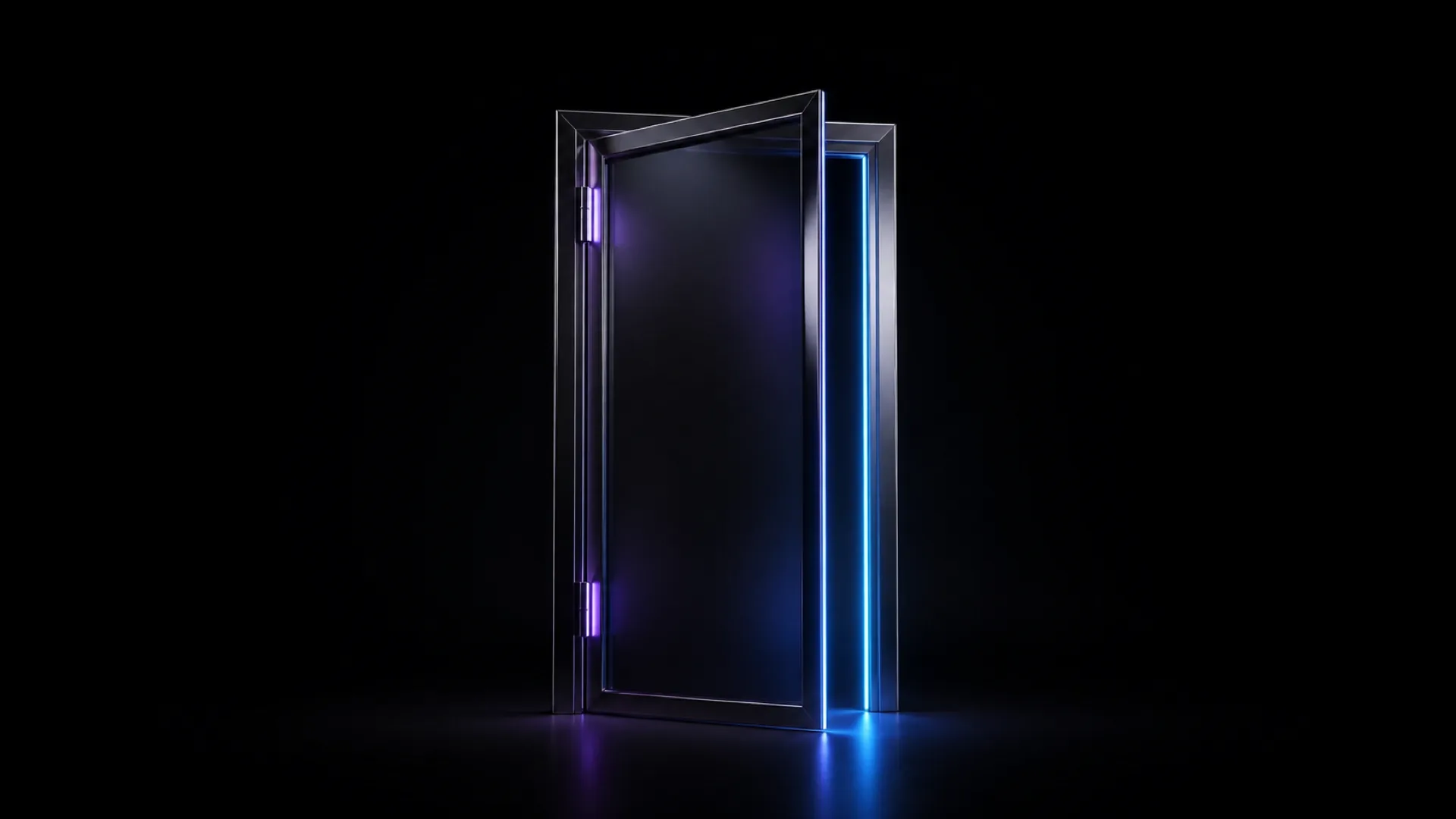 A dark glass door ajar against black, revealing a glowing blue light strip and purple light at the hinges.