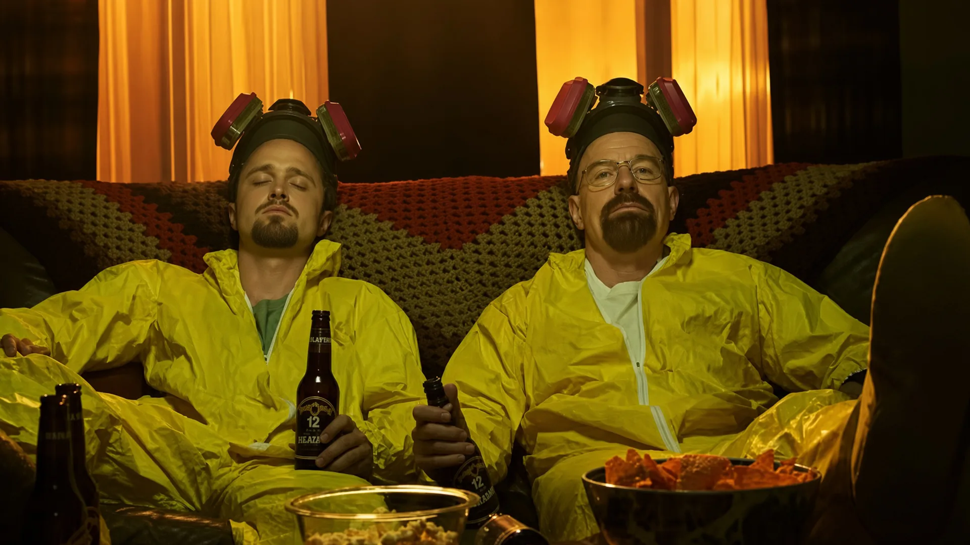 Two men in yellow hazmat suits slump on a couch with respirator masks pushed up on their heads, holding beer bottles beside bowls of popcorn and chips, orange curtains behind.