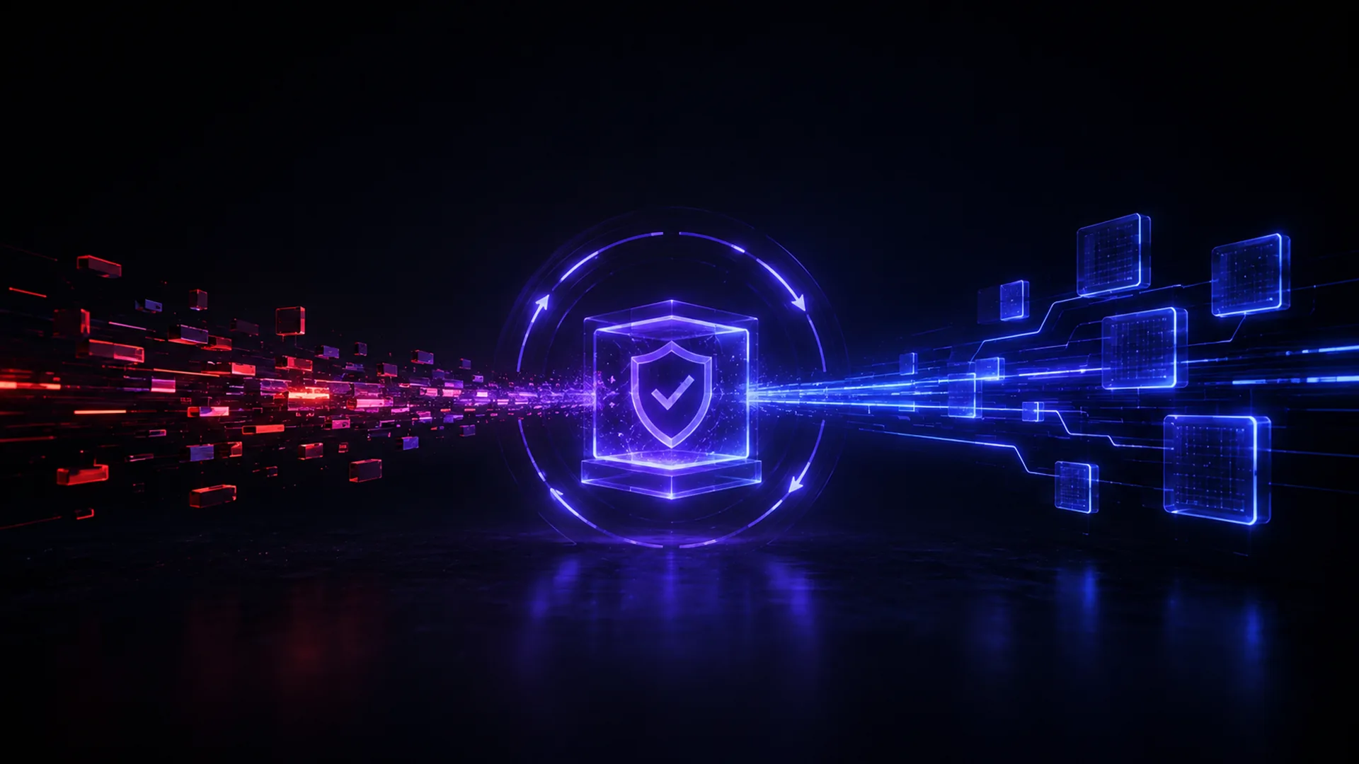 A glowing purple shield bearing a checkmark floats inside a ringed cube above a dark reflective floor, red fragments left, blue panels right.
