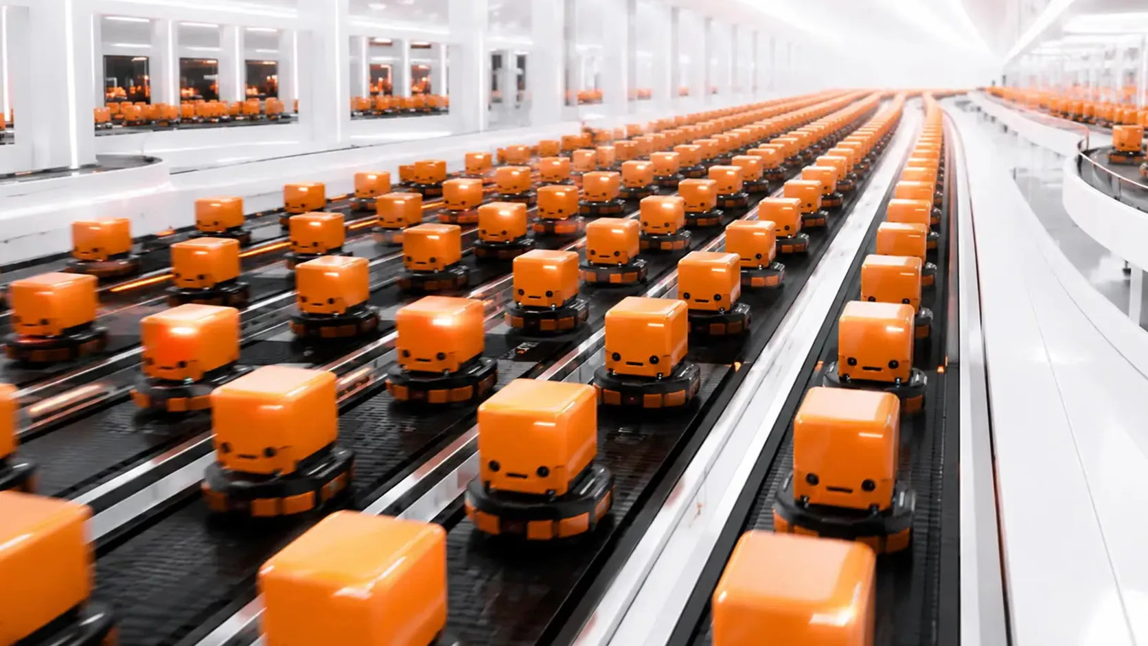 Hundreds of identical orange cube robots with simple dot eyes sit in rows on black conveyor tracks inside a bright white facility, receding into the distance under fluorescent light.