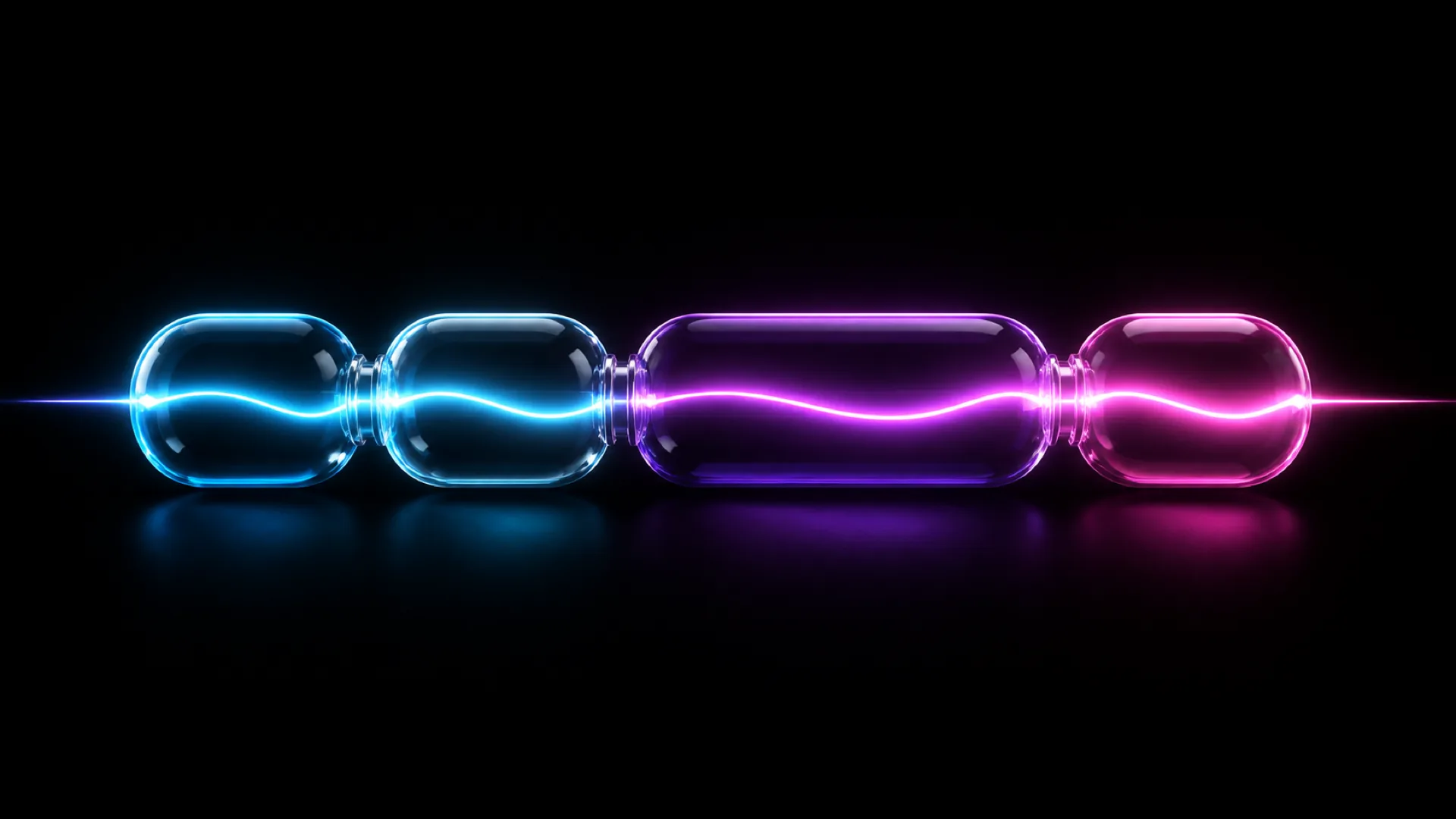 Four connected glass capsules glow blue fading to purple and pink against black, a light line runs through their centers.