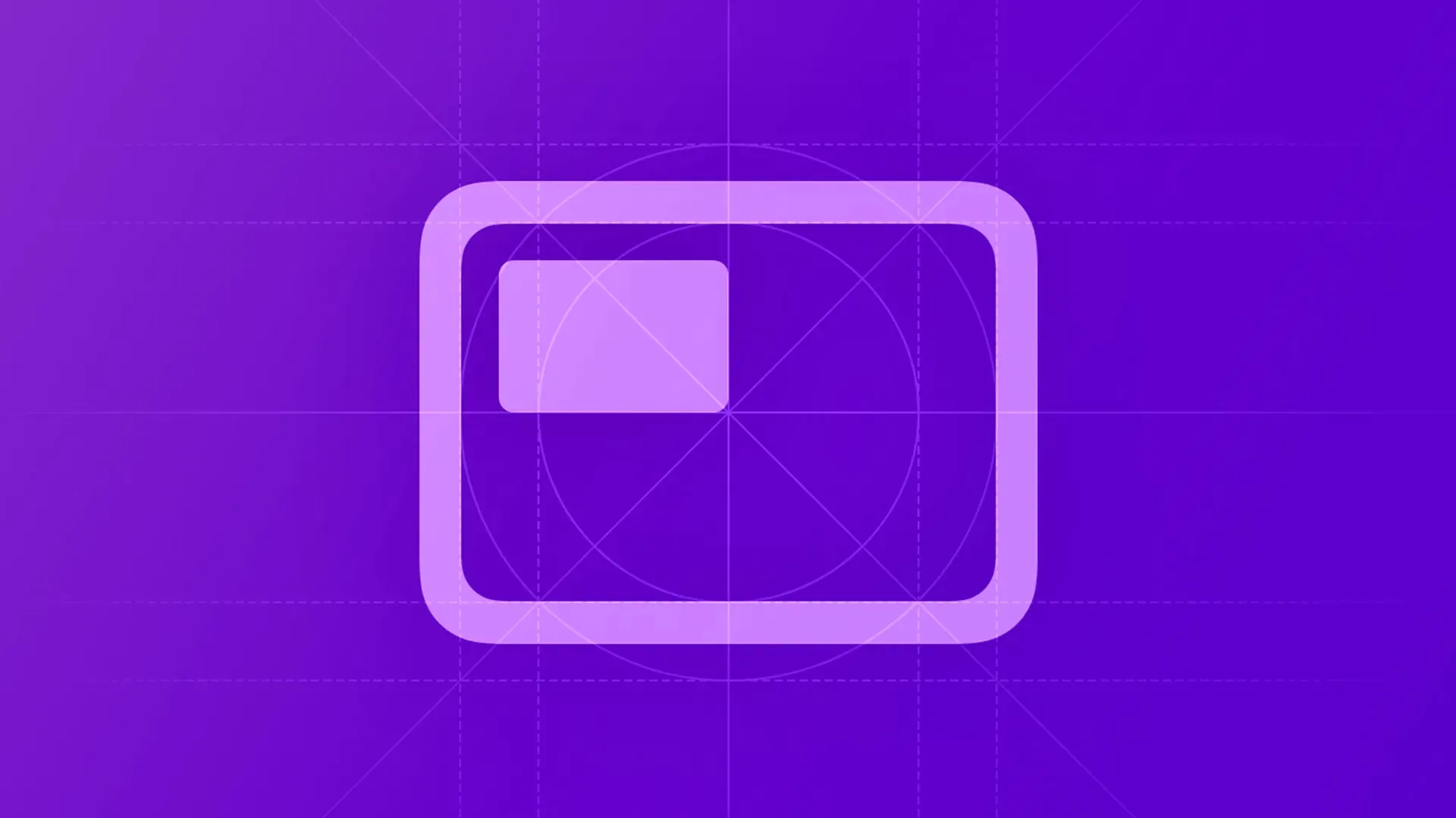 A pale lavender rounded-rectangle outline with a smaller filled rectangle in its upper left, over faint grid and construction lines on purple.