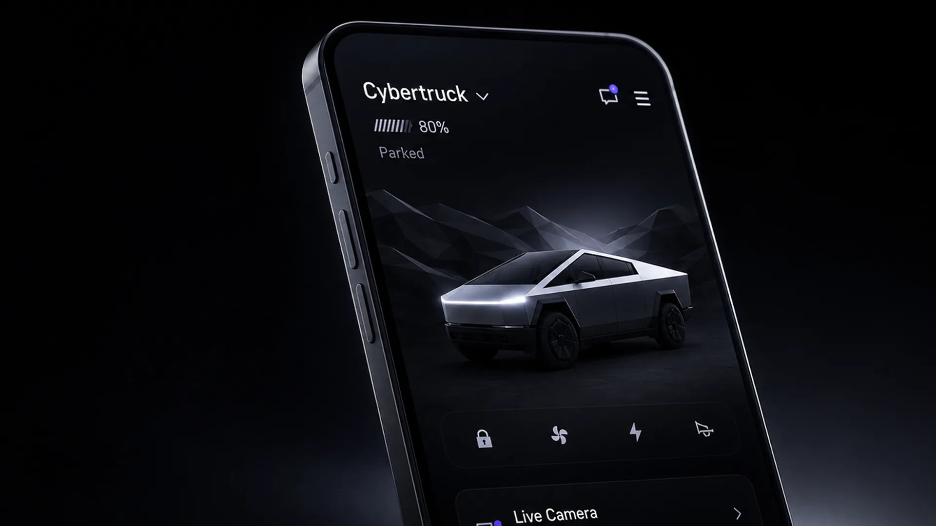 A black smartphone tilted in darkness shows a vehicle app reading "Cybertruck", a battery meter at "80%" and "Parked", a silver angular pickup over faceted mountains, and a "Live Camera" row.
