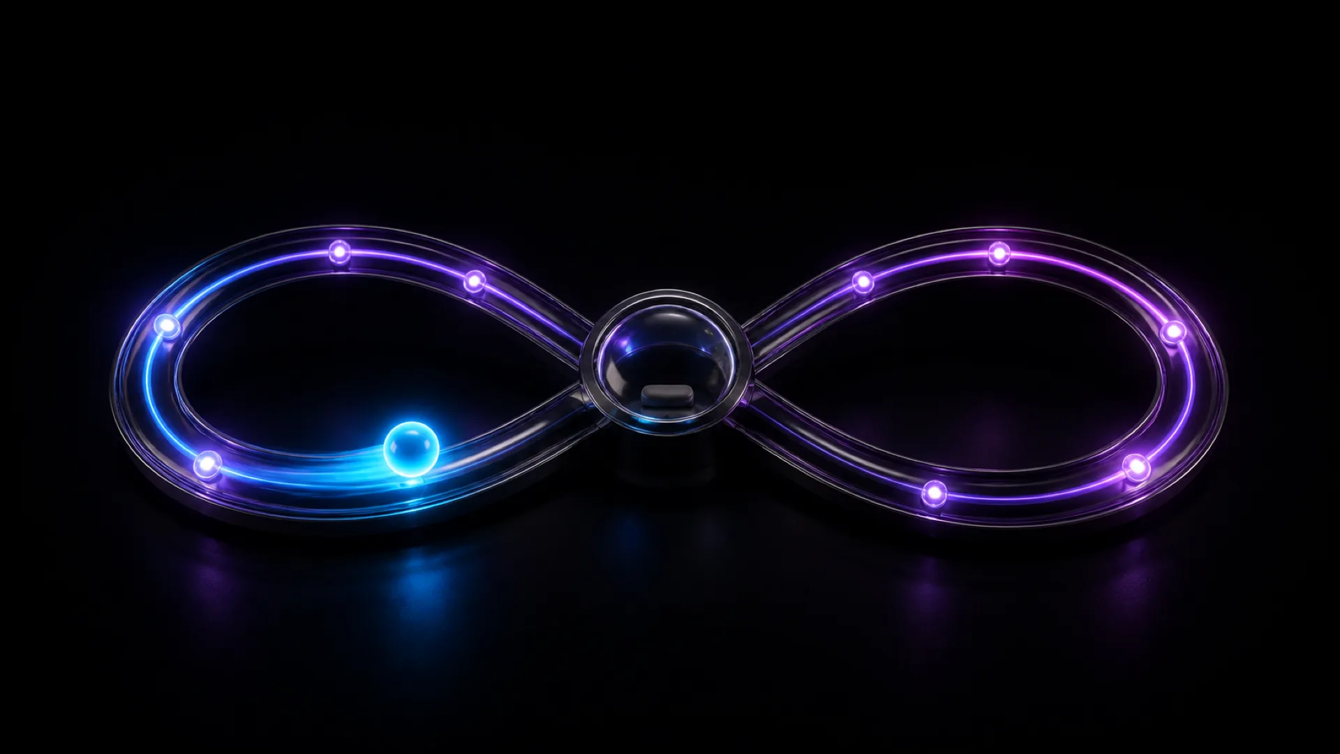 A glass infinity symbol glows blue on the left loop and purple on the right, with small orbiting light dots.