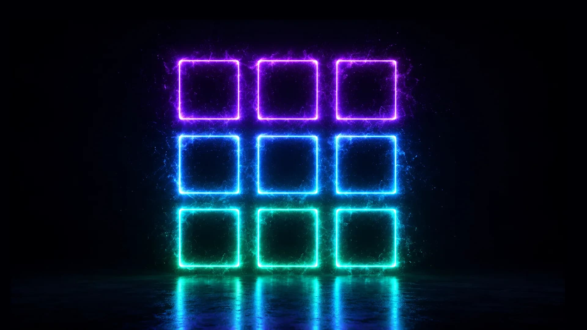 Nine empty neon outlined squares form a three by three grid on black, magenta across the top row, blue in the middle, green at the bottom, glowing and reflected on a wet dark floor.