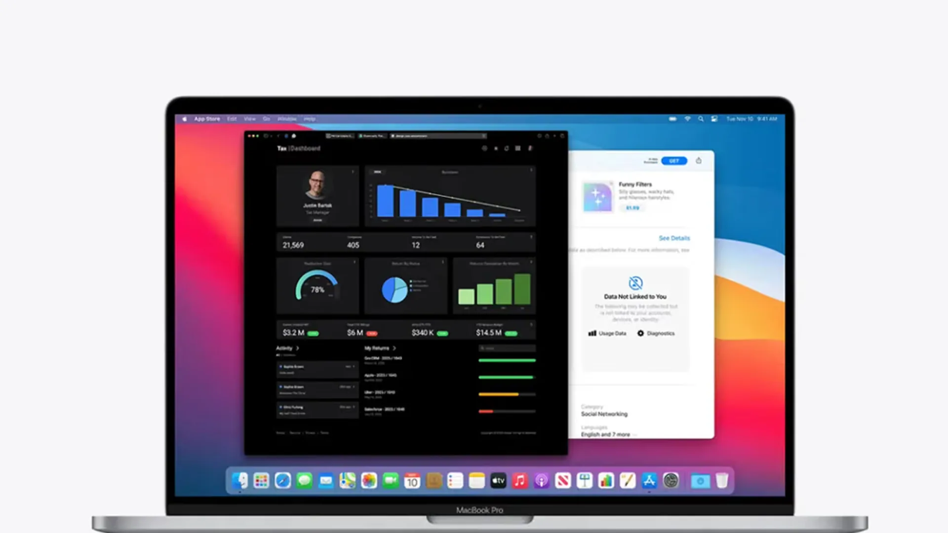MacBook Pro on a pale grey background showing a dark dashboard titled "Tax Dashboard" with blue bar charts, a 78% gauge and totals like "$3.2 M" and "$14.5 M", beside a partly hidden App Store panel.