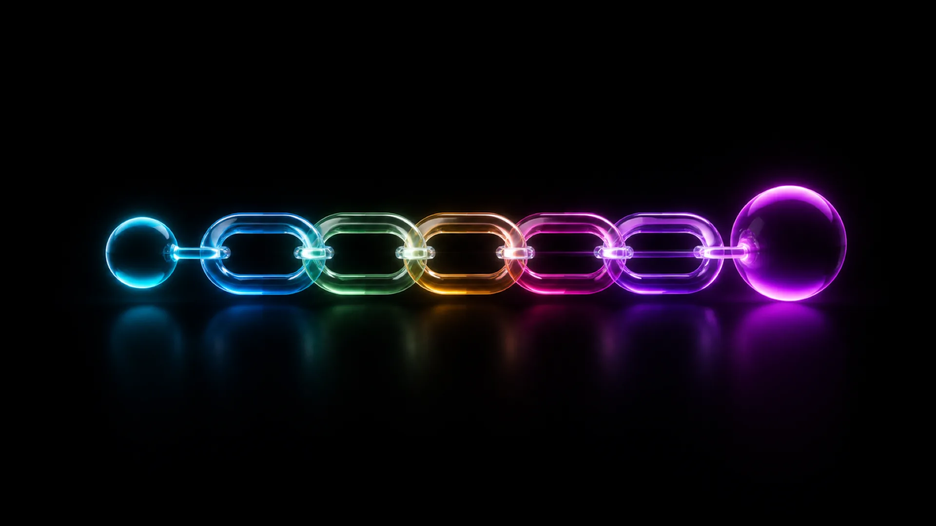 A chain of glass links in a rainbow gradient connects a cyan sphere to a purple sphere at each end.