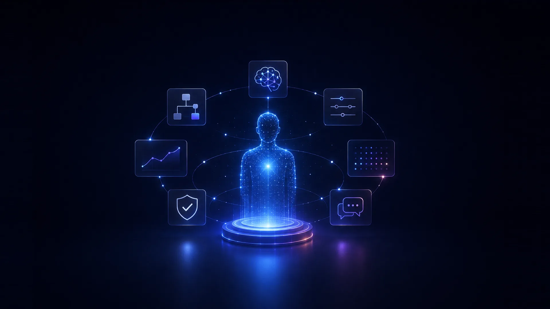 A glowing blue figure made of particles stands on a lit circular platform, ringed by icon tiles for a brain, sliders, a rising line chart, a dot grid, a shield with a check, speech bubbles, and a flow chart.
