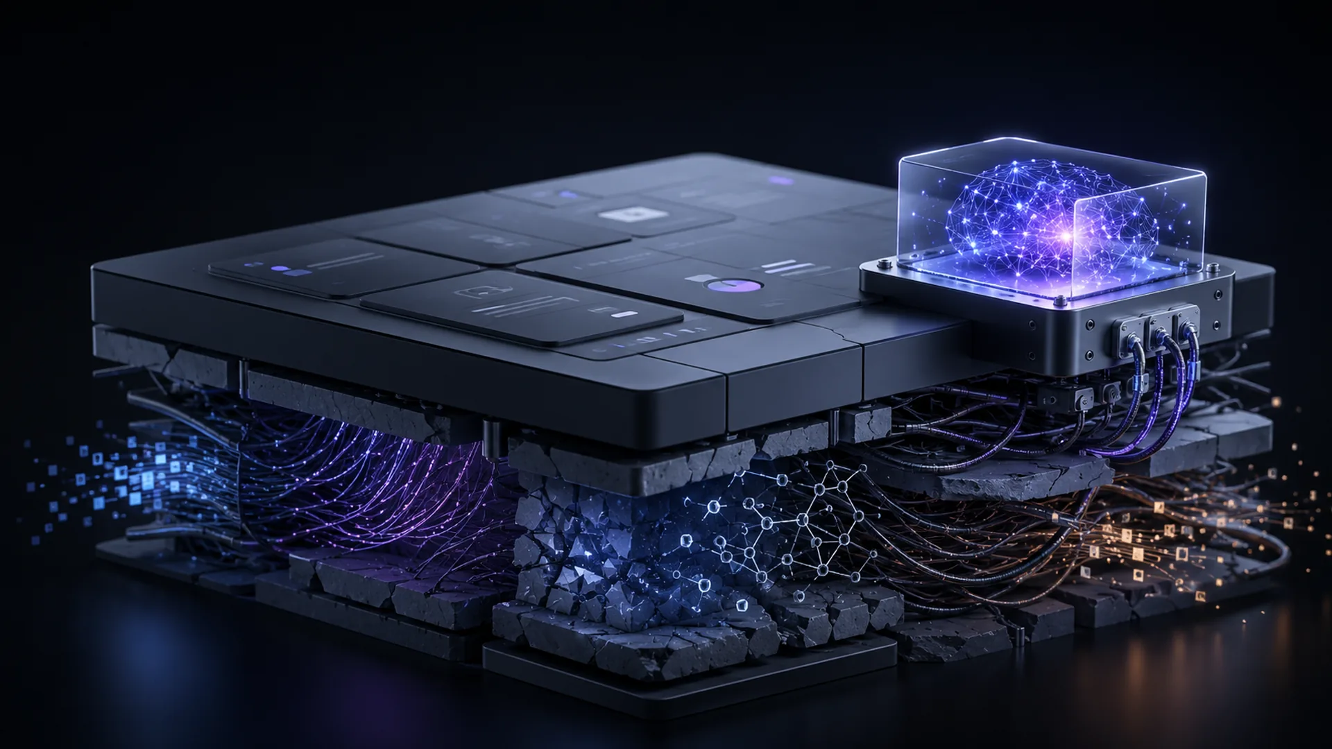 A dark 3D render of a flat black dashboard slab resting on cracked stone, with a glowing blue brain in a glass case bolted to one corner and tangled lit cables underneath.